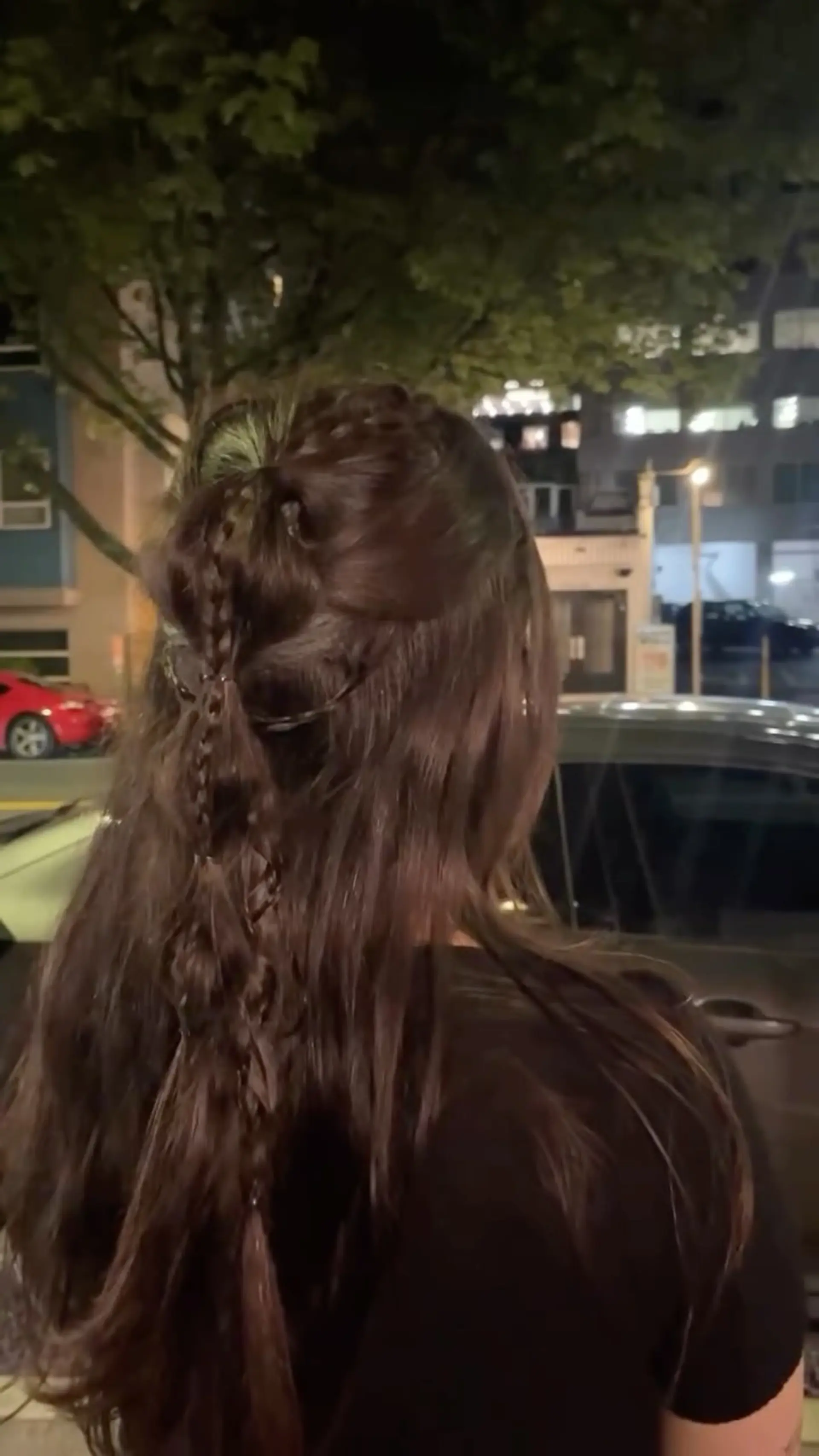 A textured half-up hairstyle featuring a central braided tail with woven detail over loose, flowing dark brown hair. 1