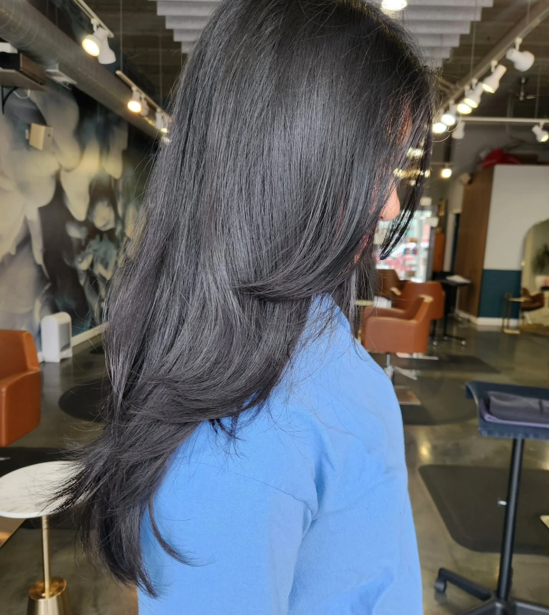 Long wavy hair with a smoky ash balayage, seamlessly transitioning from darker roots to cool silver-gray ends. - Preview 1
