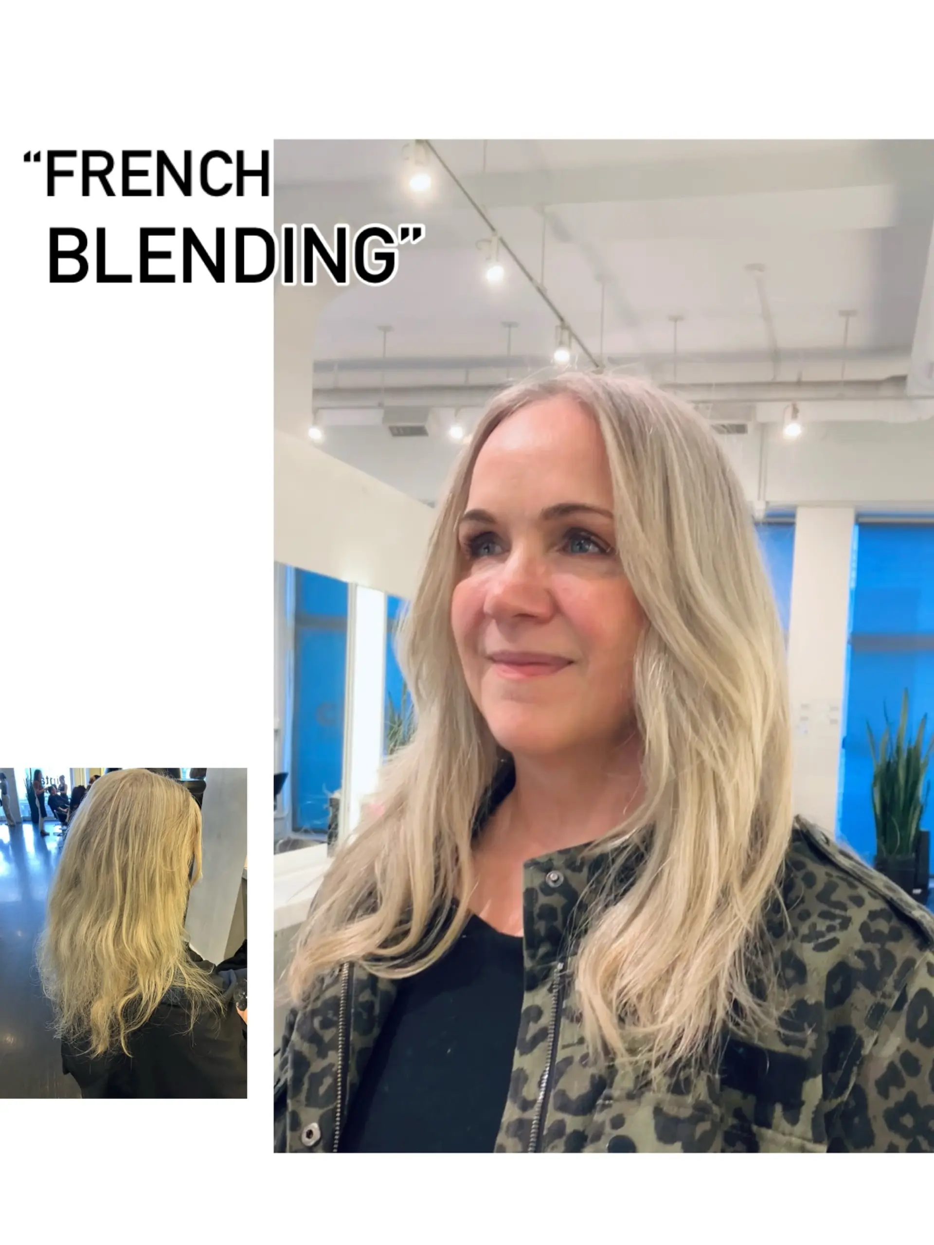 Natural cool blonde color with seamless French grey blending, styled with soft face-framing layers and smooth volume. 1