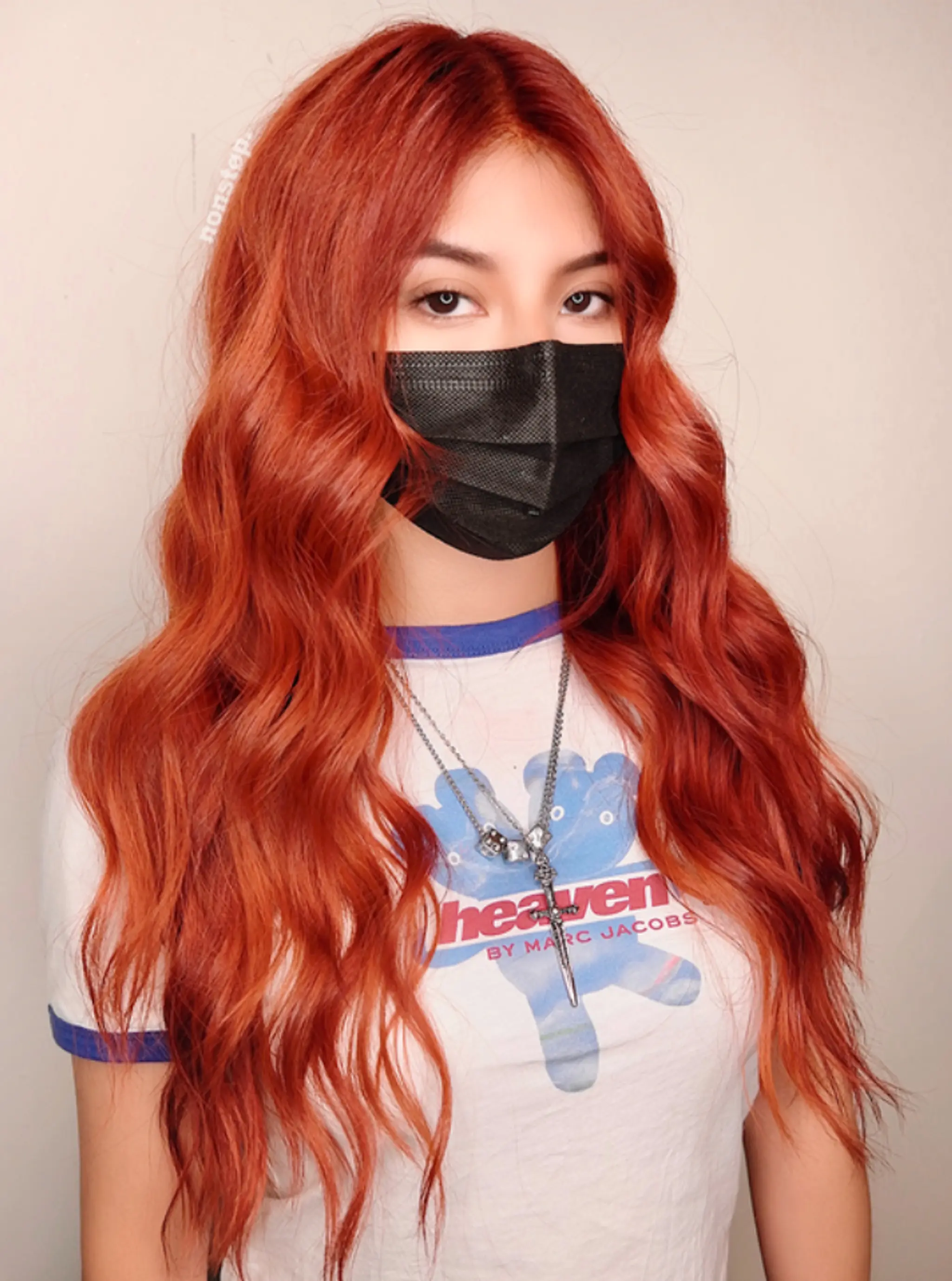 Long wavy hair with vibrant red and copper tones, featuring loose waves and a layered cut.

(NonstopStyle: by Kris)