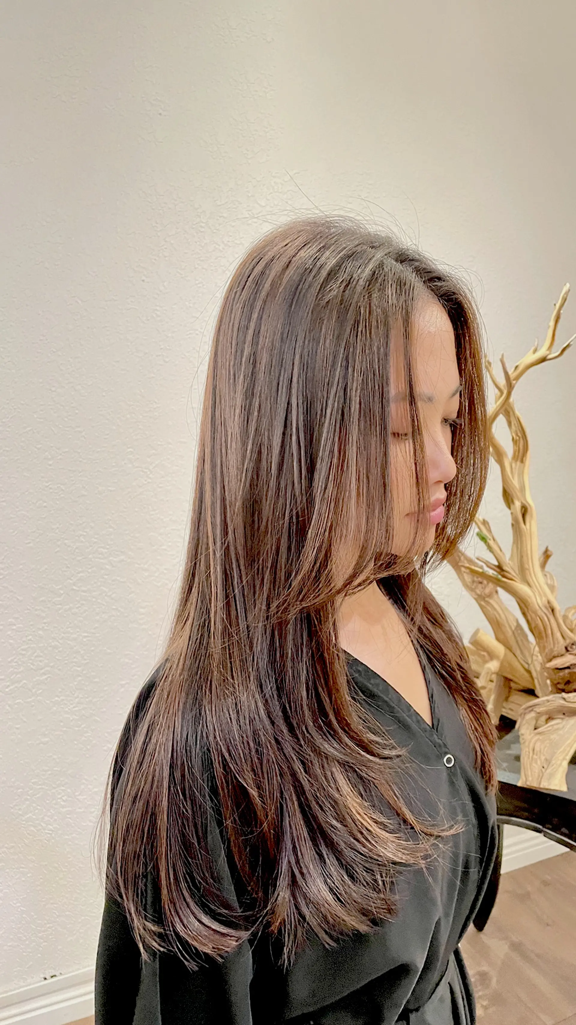 Long, straight dark brunette hair with soft face-framing layers and delicate, natural-looking highlights. 1