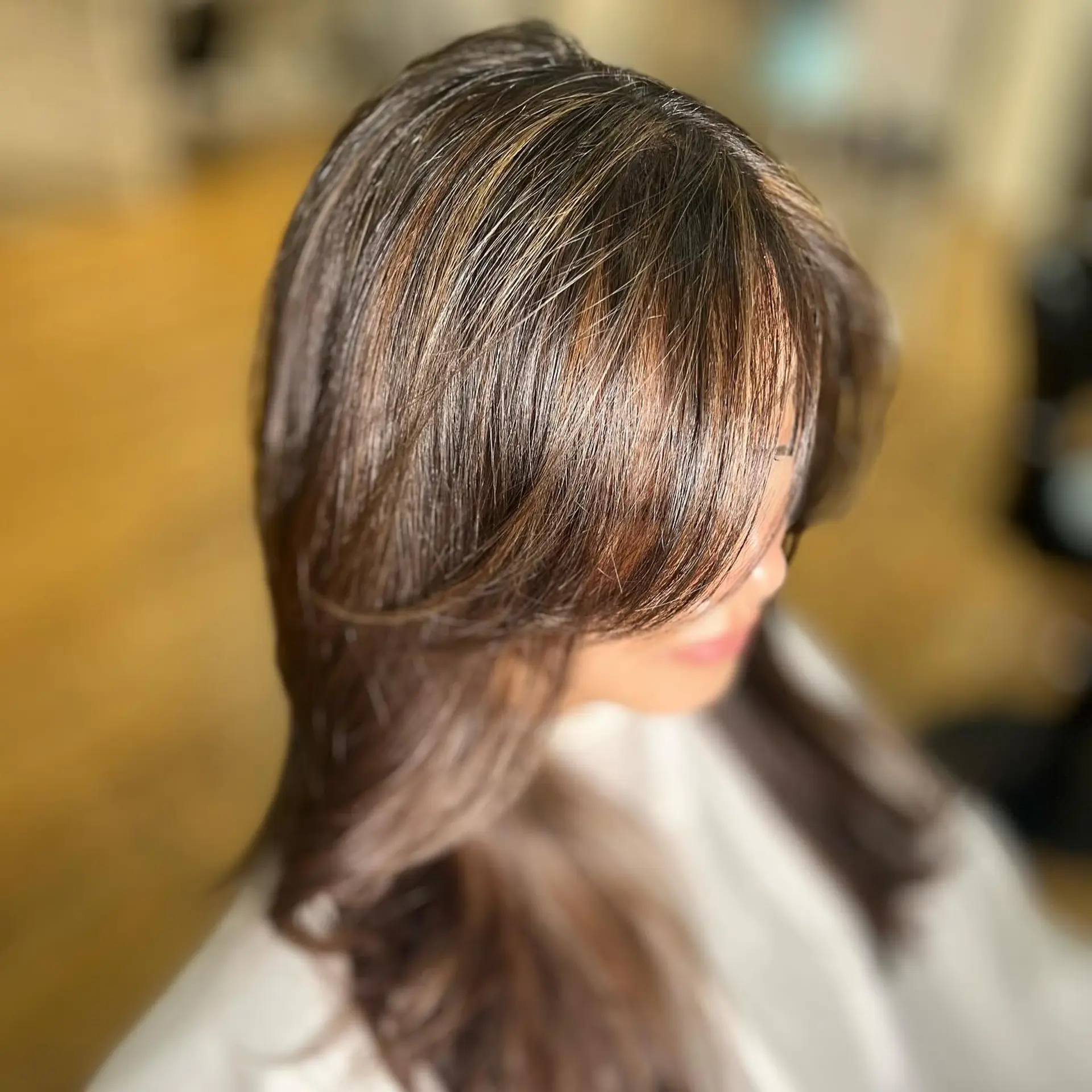 Long brunette hair with flattering layers and soft face-framing highlights. 2