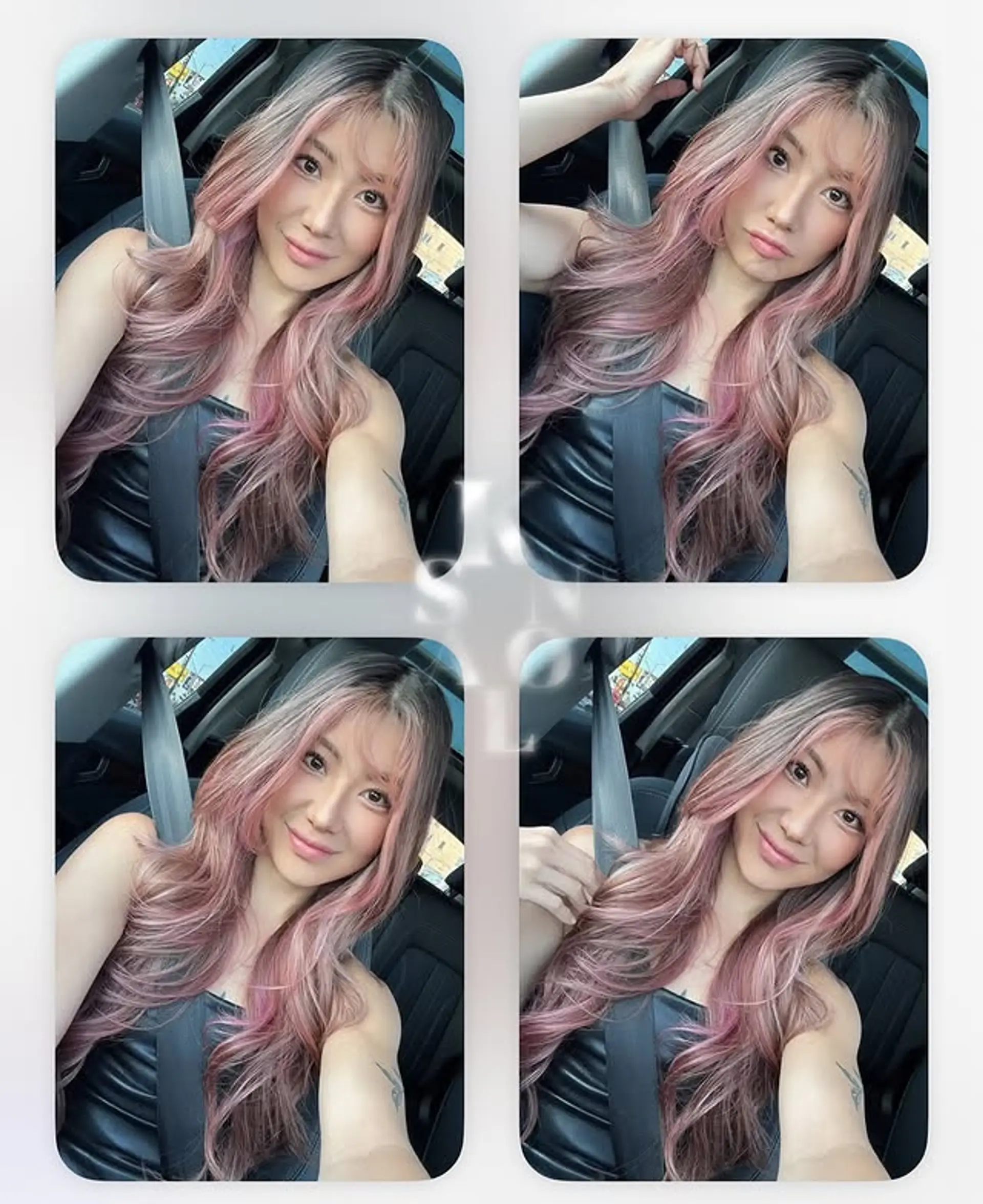 Long, wavy rose gold hair with a dark shadow root. 1