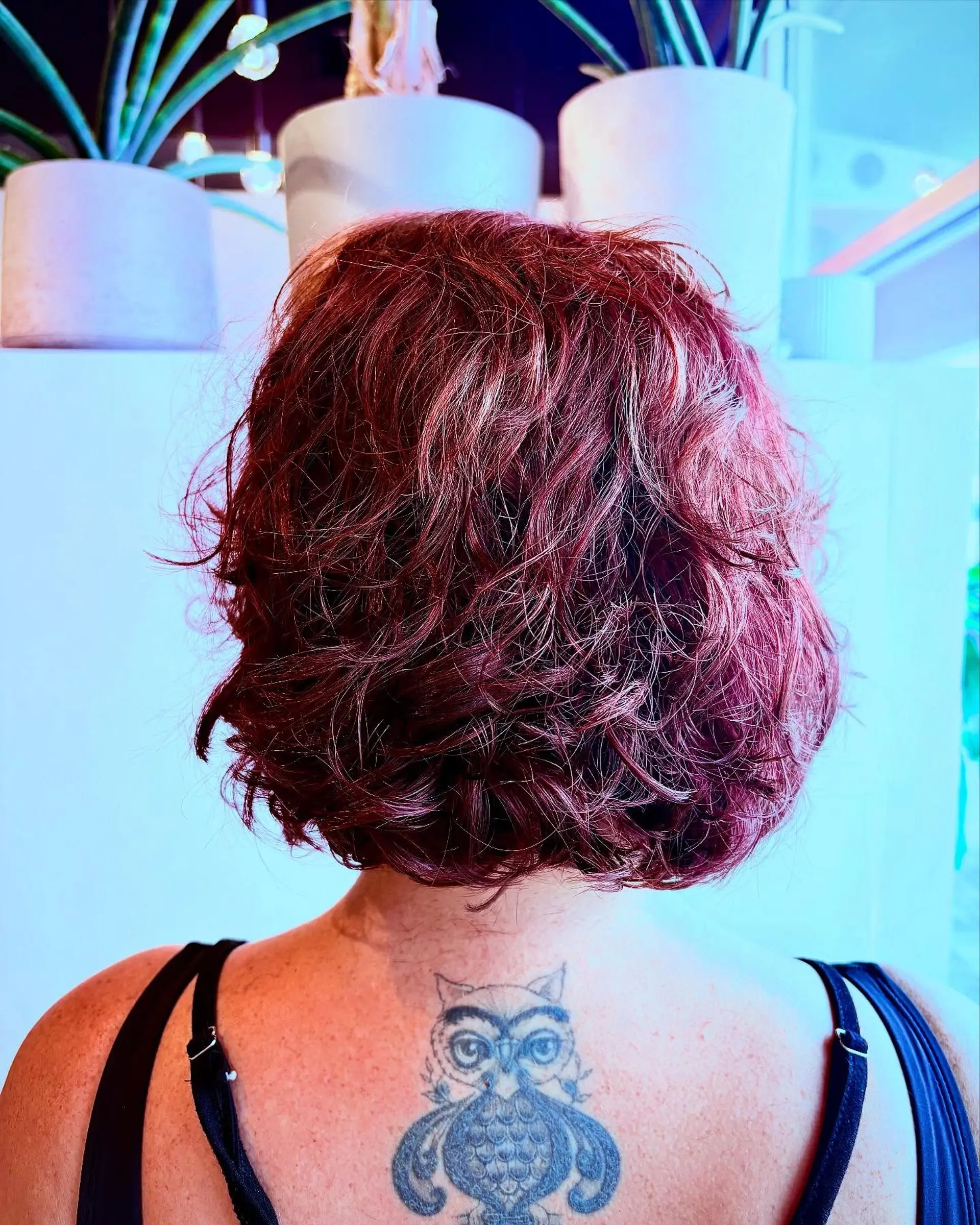 A textured, neck-length curly bob haircut featuring soft layering and rich reddish-burgundy tones. 1