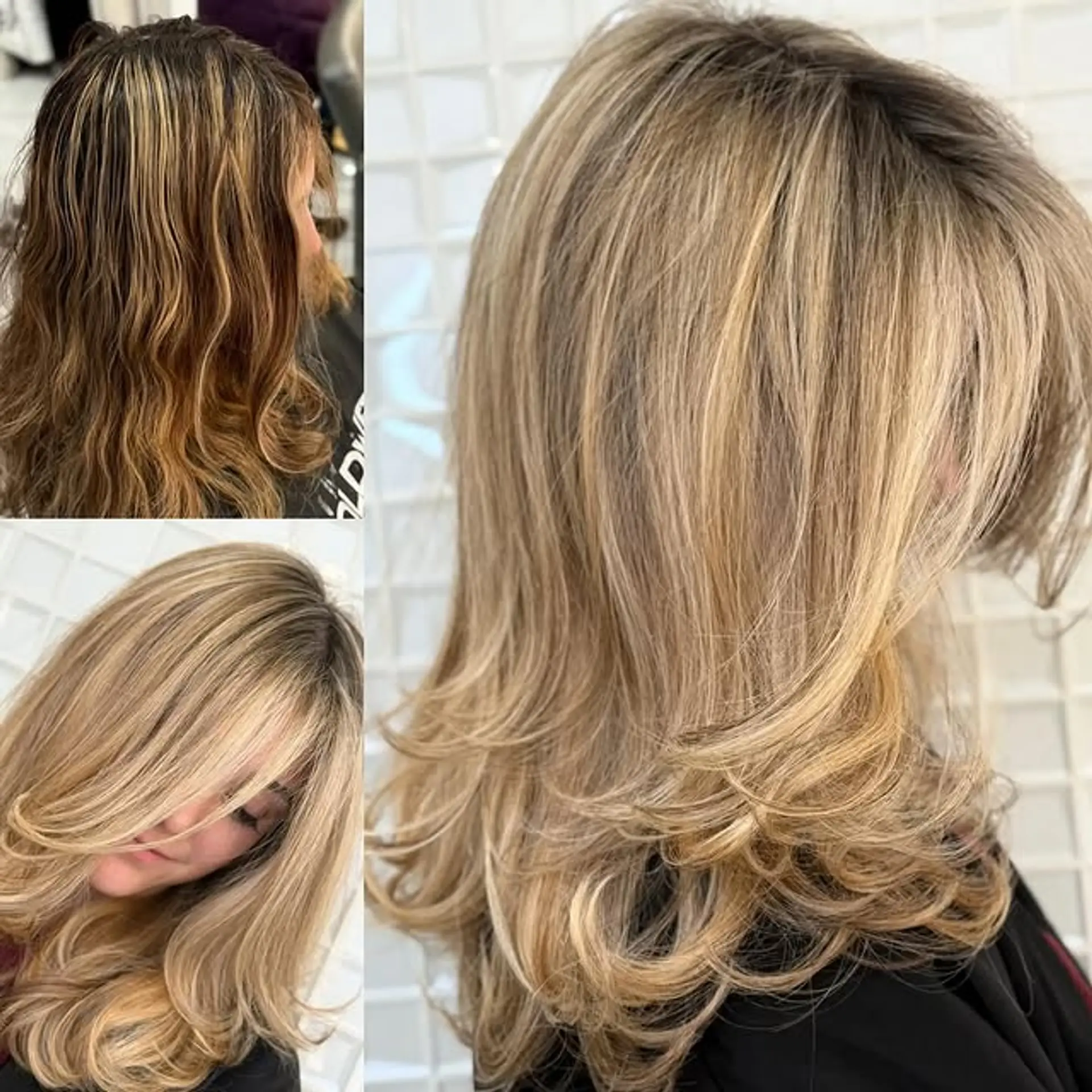 A medium-length layered haircut with face-framing bangs and a honey blonde balayage. 1