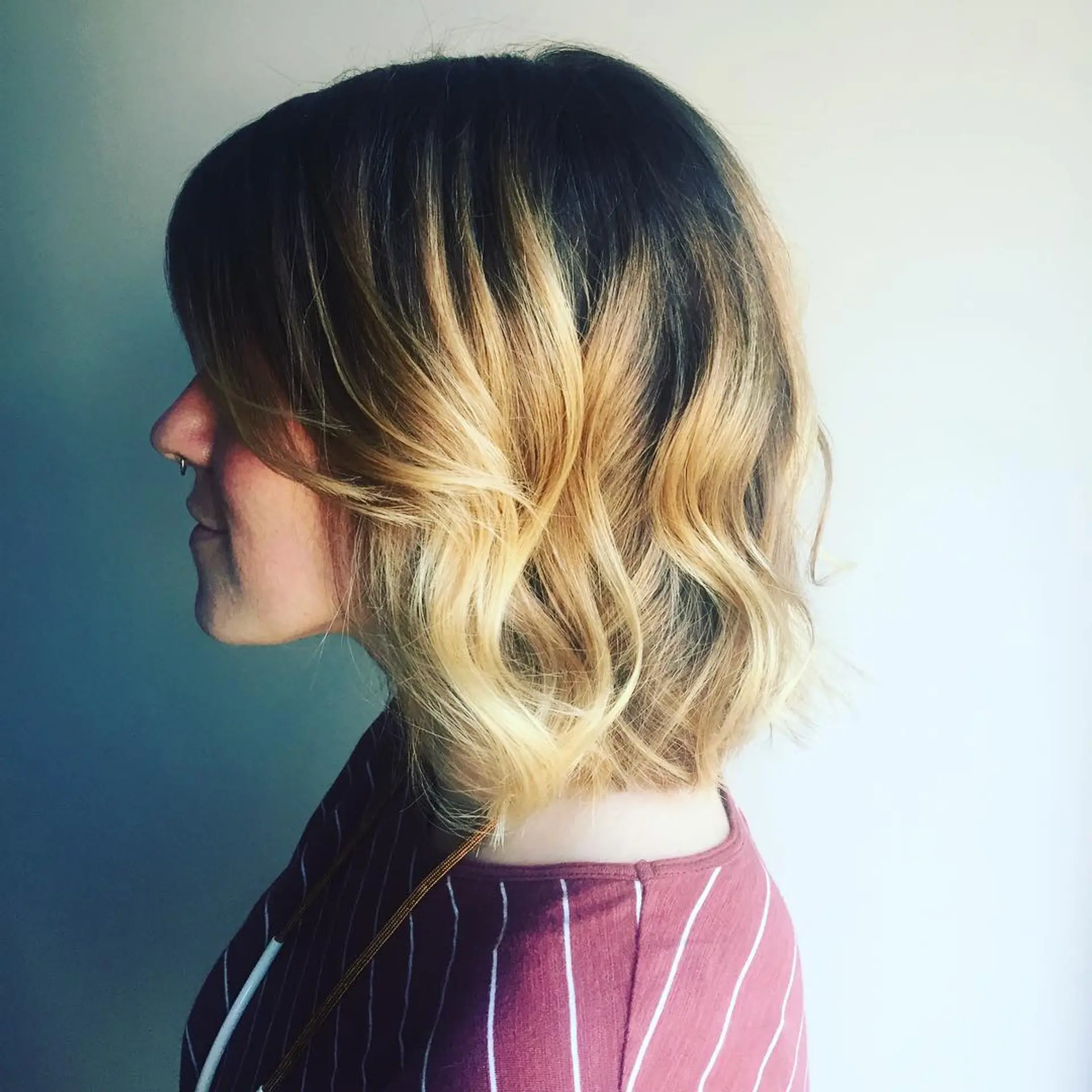 Wavy lob with ombre color and bangs. 1