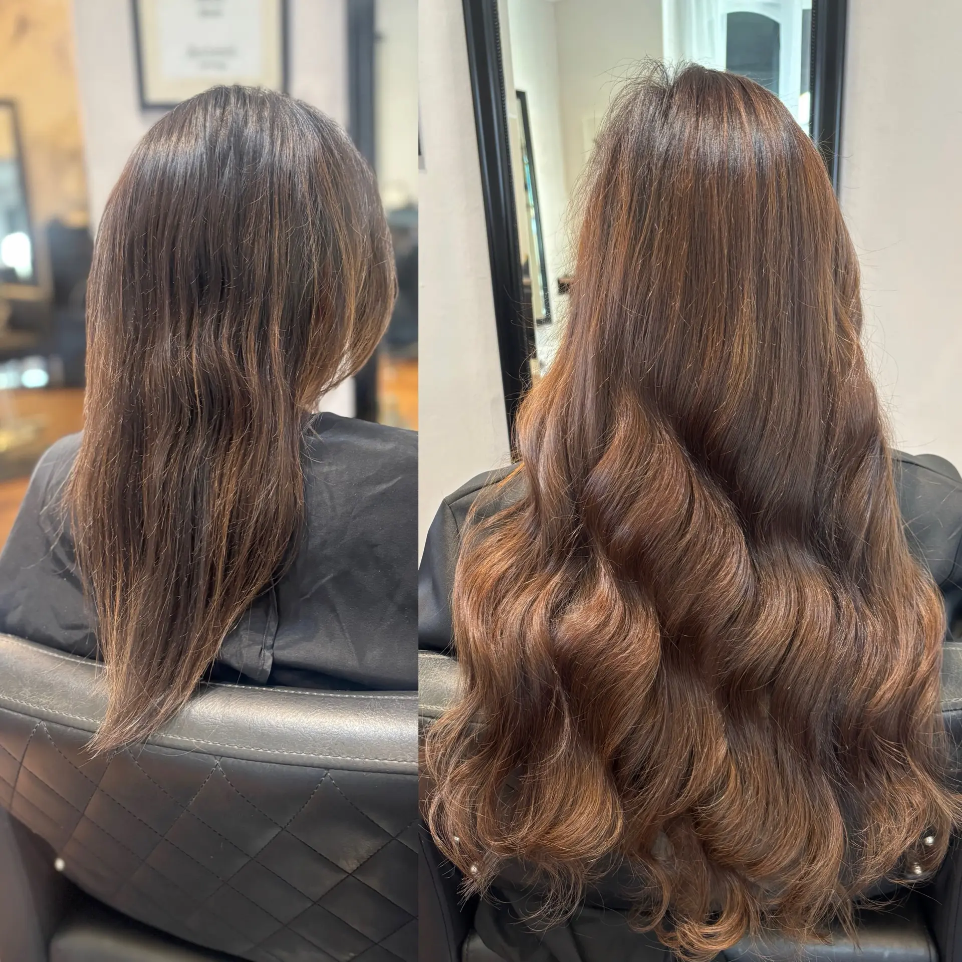 A dramatic before-and-after brunette extension transformation styled into long, full, glamorous waves. 1