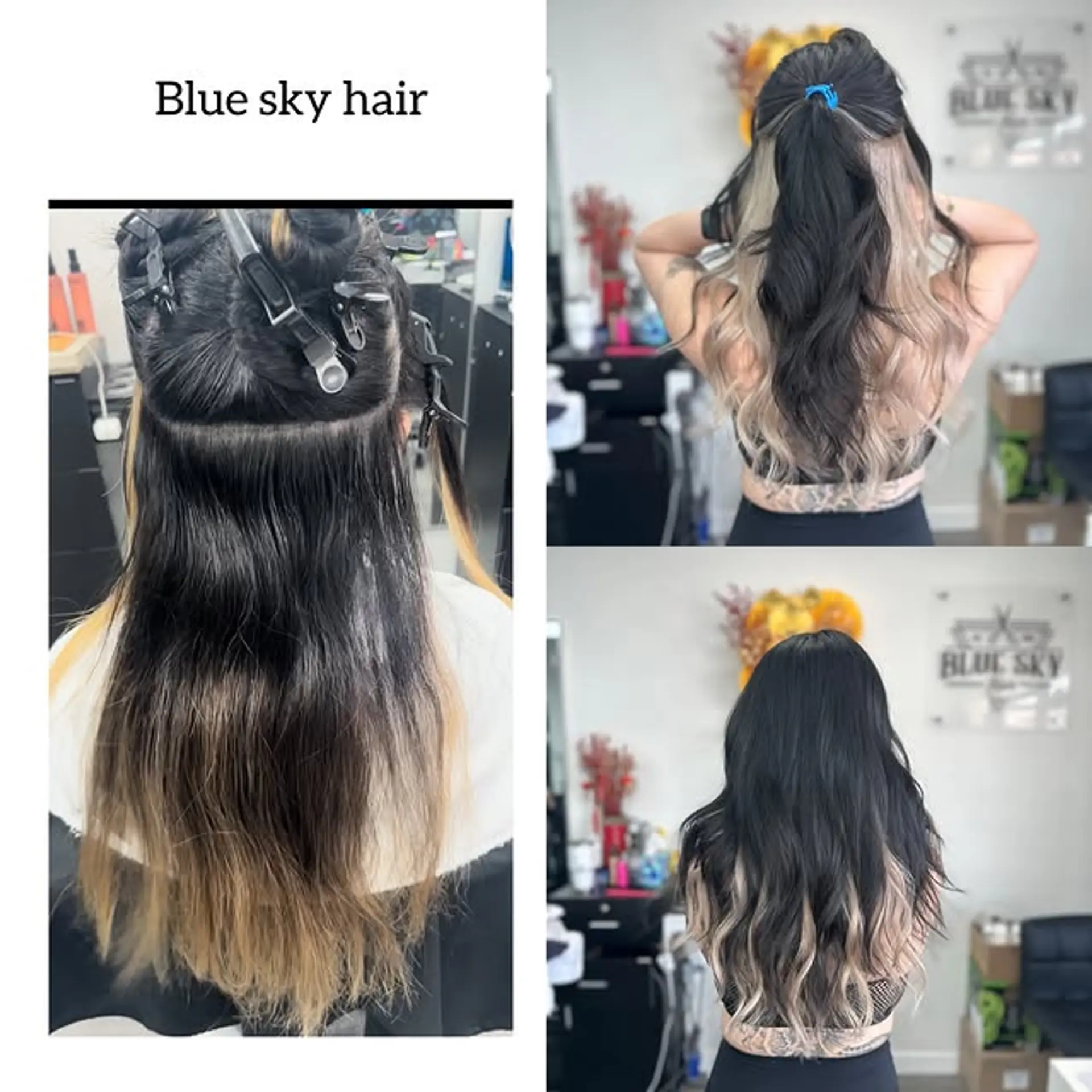 Long, wavy hairstyle with a bold contrasting color block design. 1