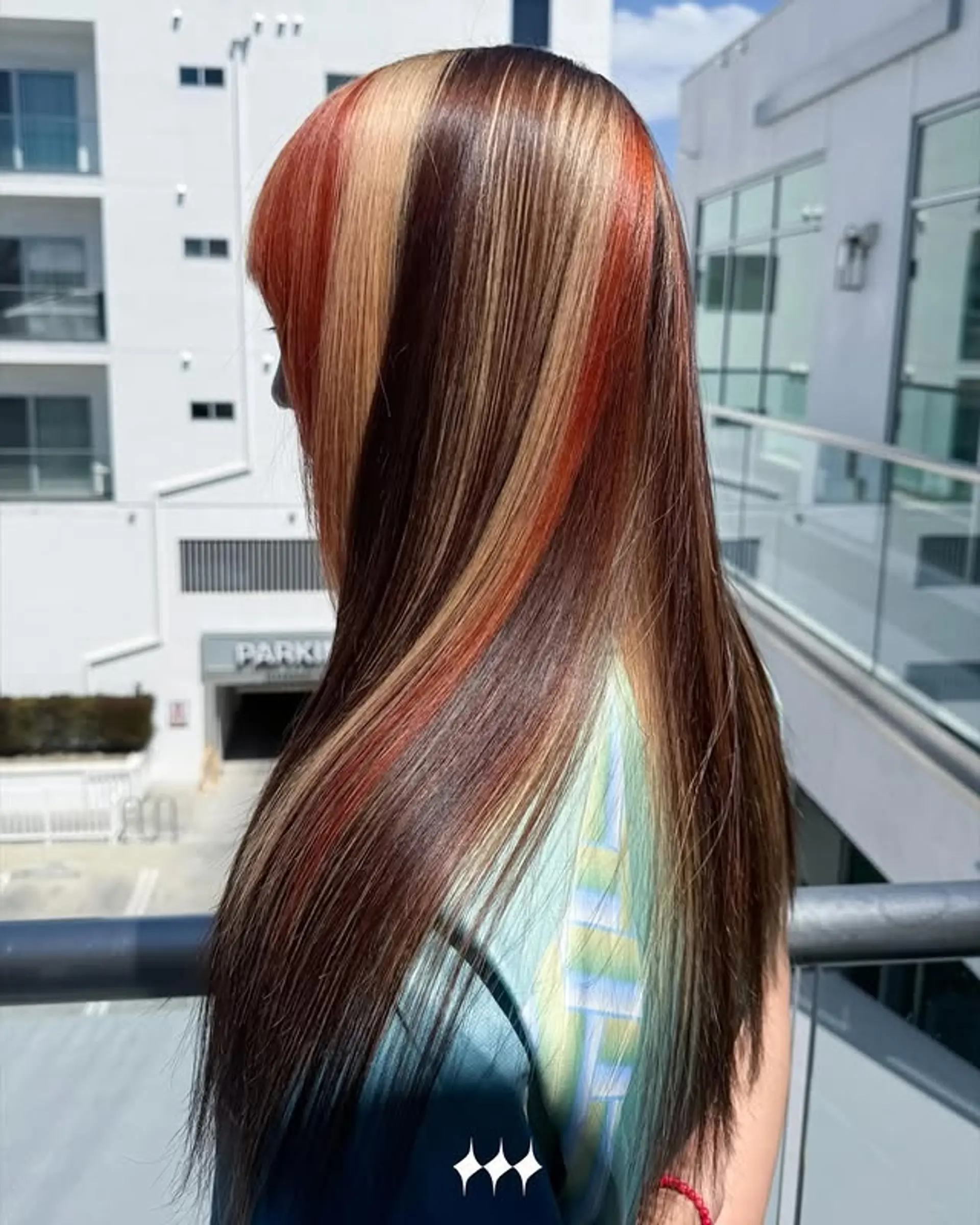 Long, straight hair with color block highlights and curtain bangs. 1