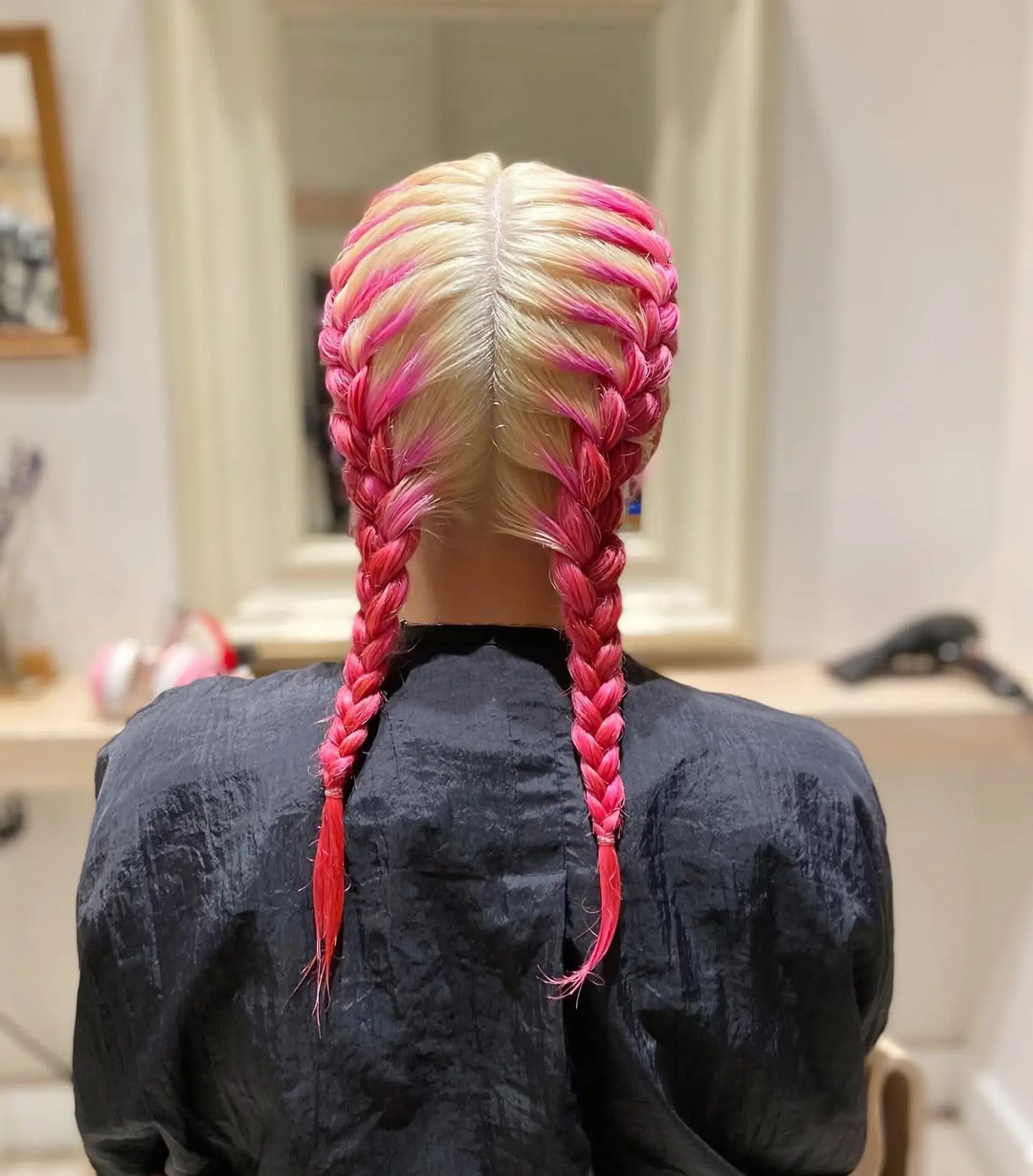Two braided pigtails with vibrant pink streaks. 2