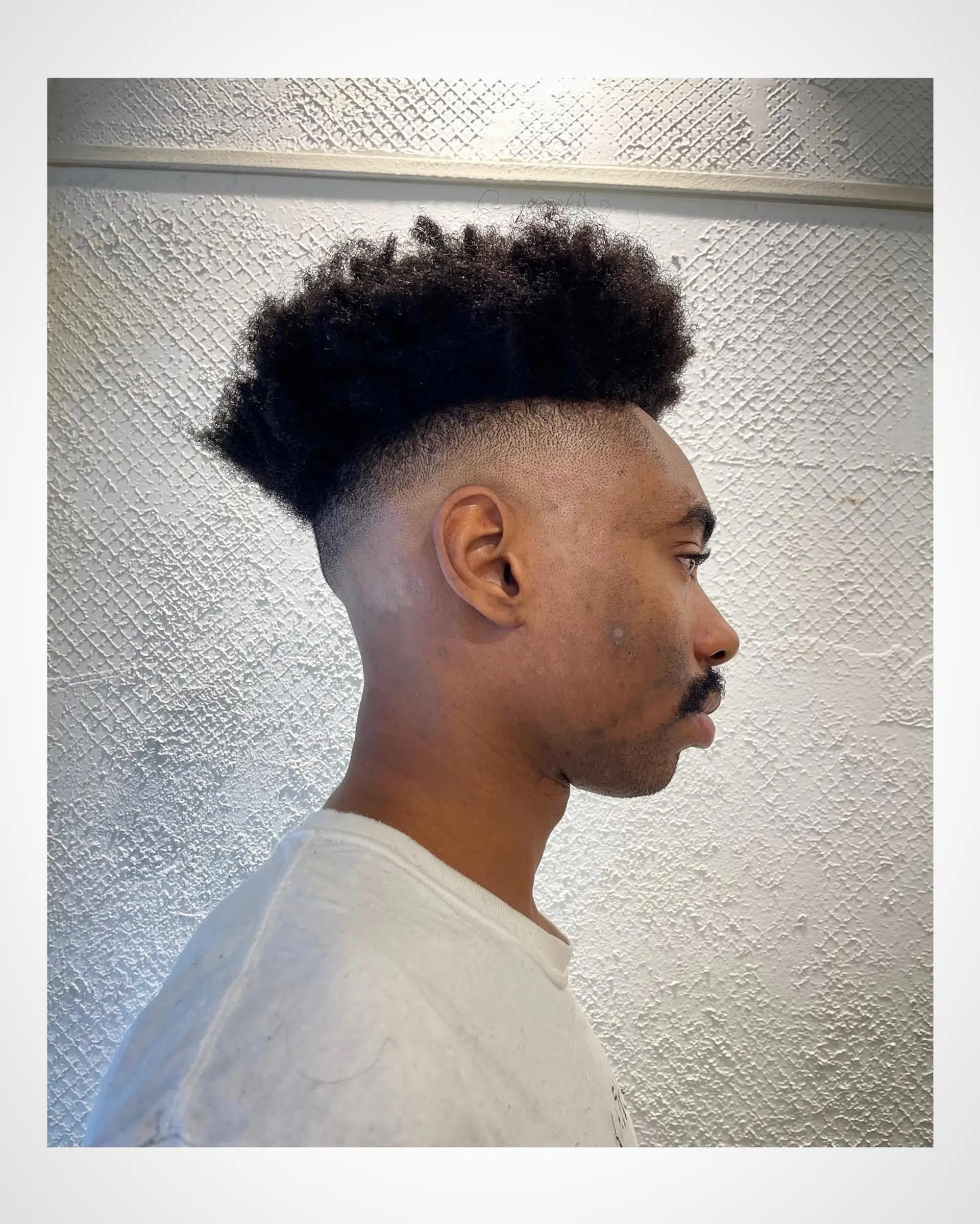 A clean high skin fade seamlessly blended into voluminous, textured natural coils on top. 1