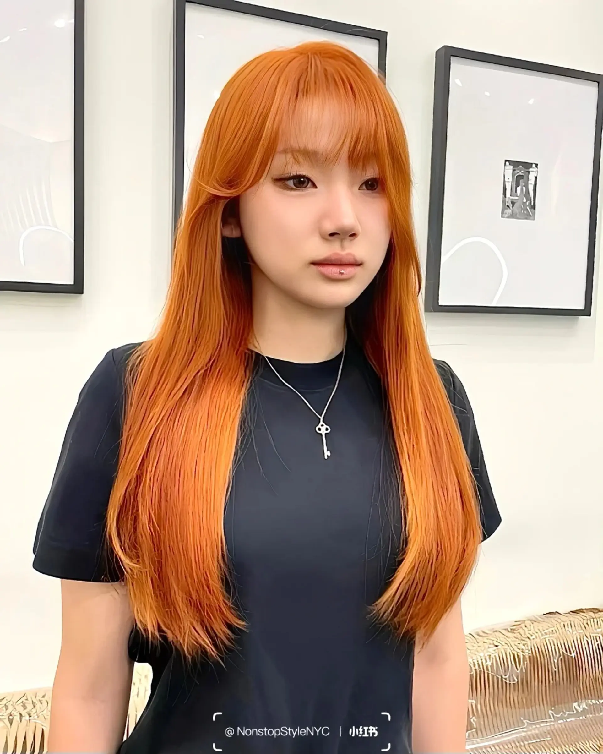 Long, straight hairstyle with vibrant copper red color, featuring long layers and blunt bangs.

(NonstopStyle: by Wendy) 1