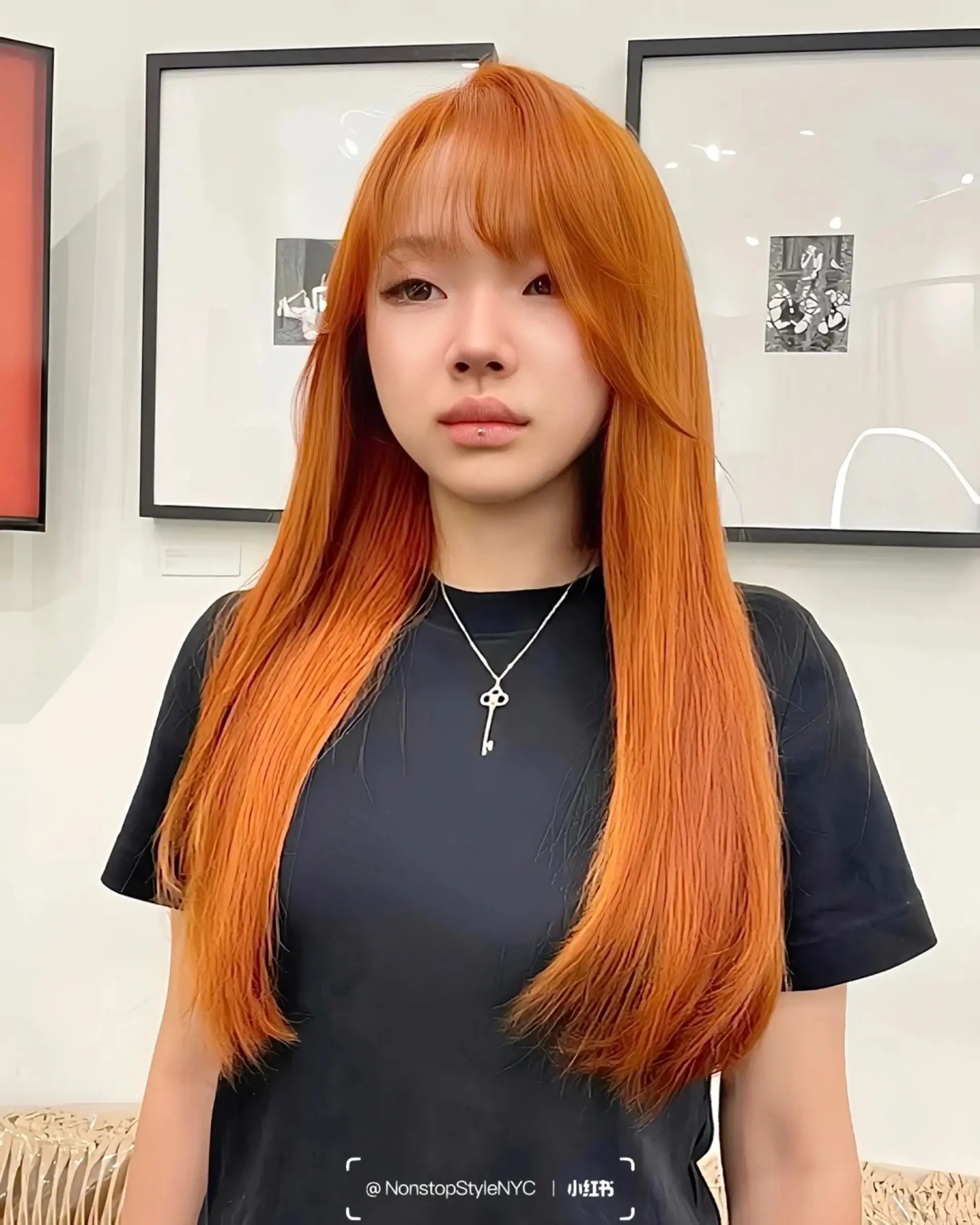 Long, straight hairstyle with vibrant copper red color, featuring long layers and blunt bangs.

(NonstopStyle: by Wendy) 2