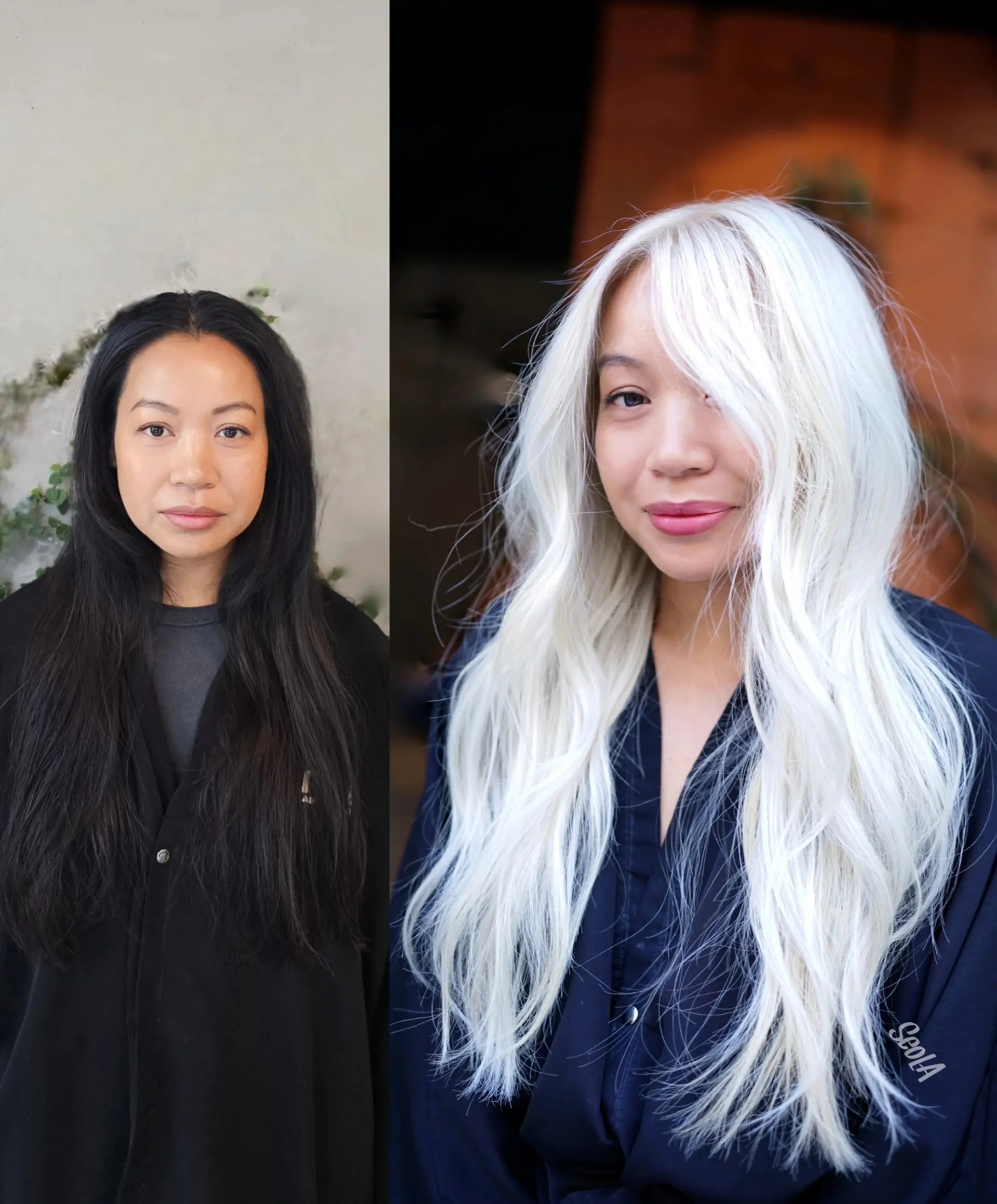 A dramatic transformation from dark black hair to an ultra-light, icy platinum blonde styled with soft flowing waves. 1