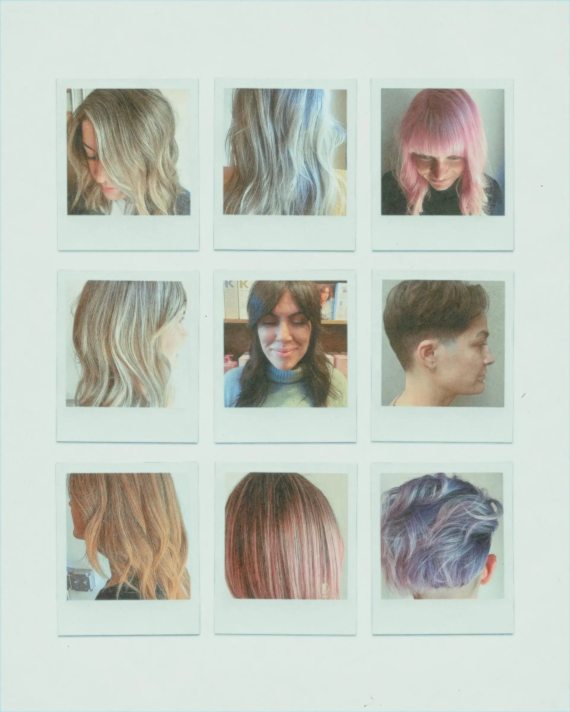 A grid collage of polaroid snapshots displaying a variety of cuts, creative colors, dimensional blondes, and textured short to mid-length styles. 1