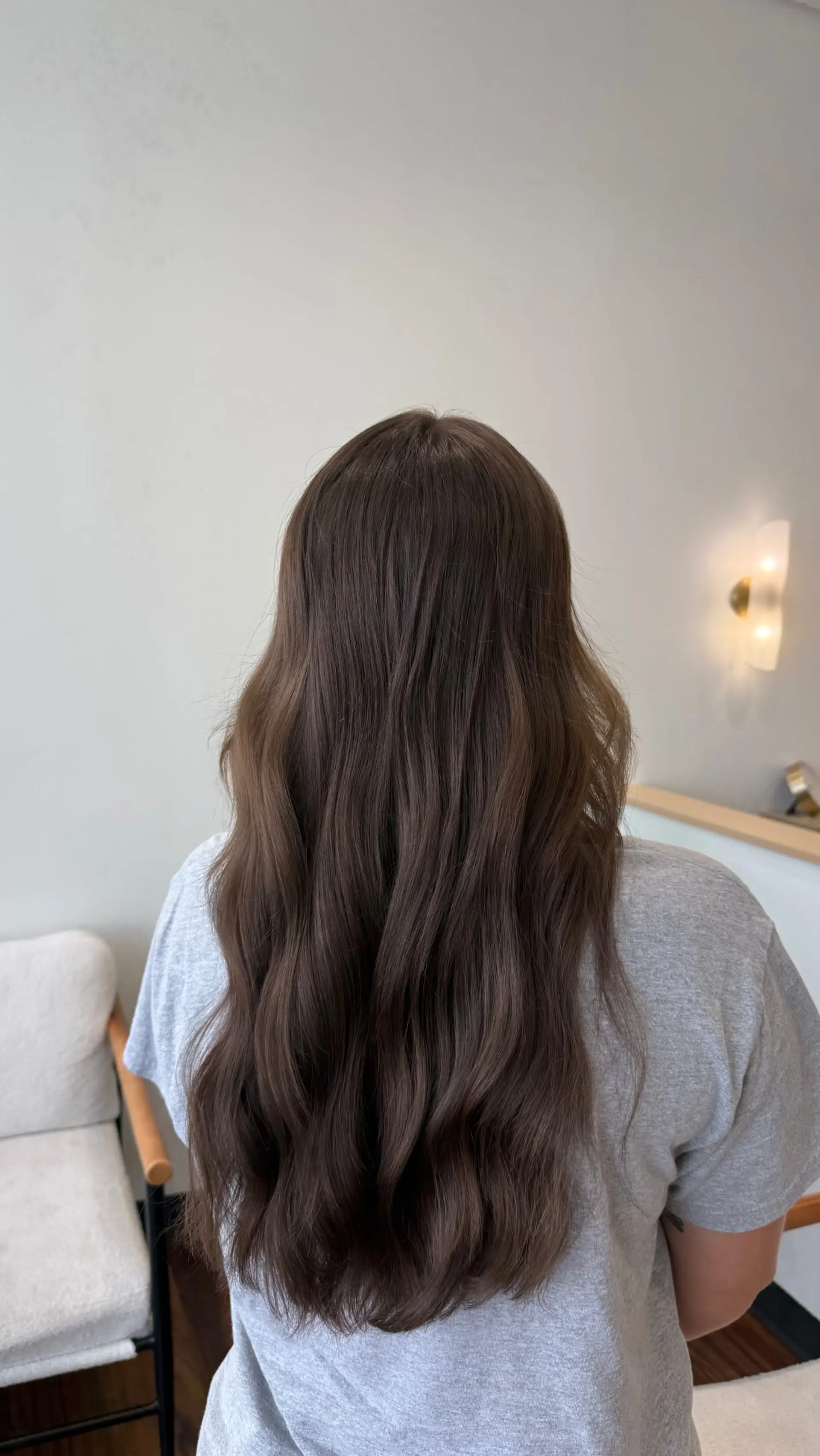 Long, rich brunette hair with soft, glossy waves flowing down the back. 1