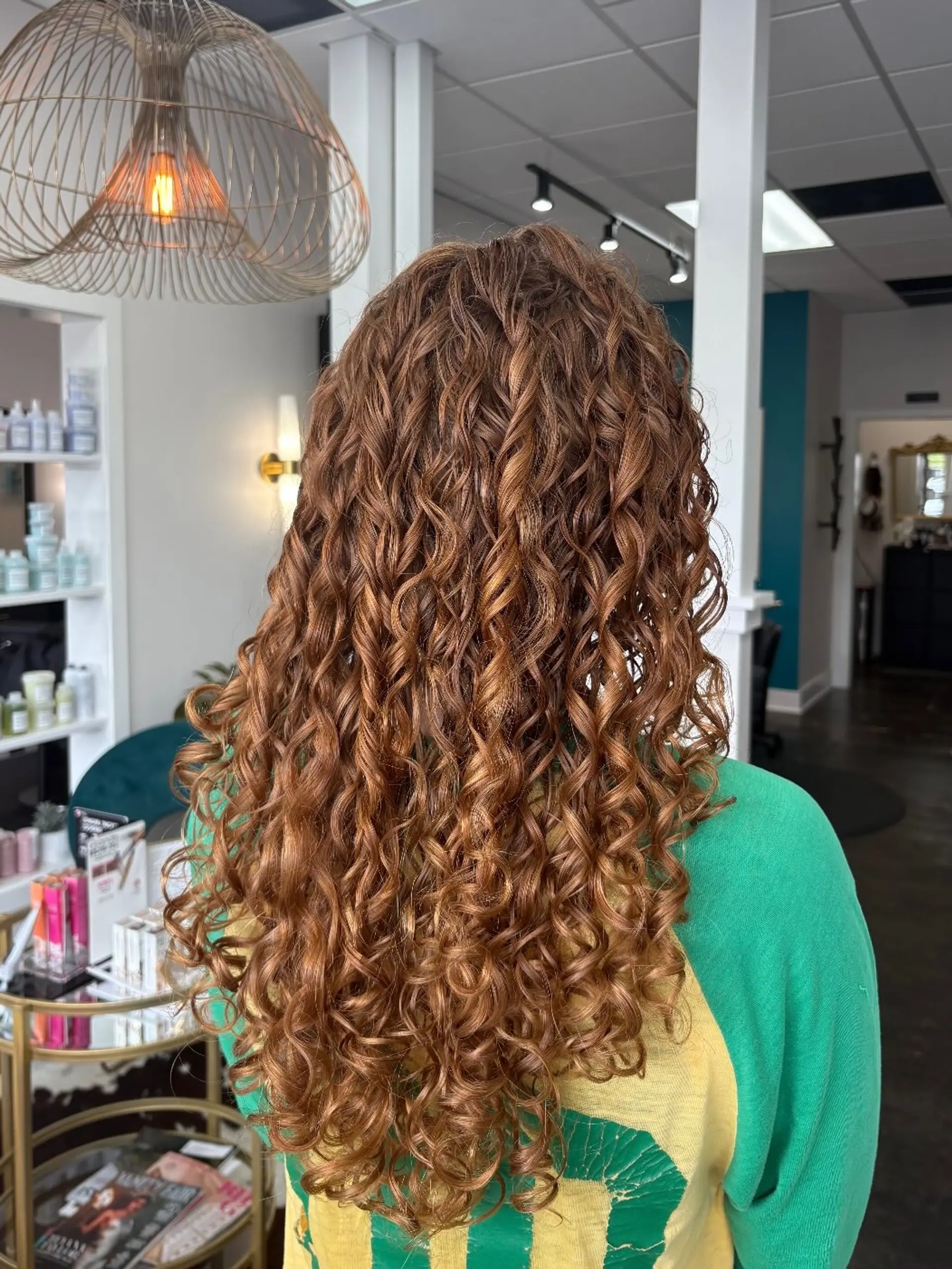 Long natural curls expertly layered and styled into defined, glossy spiral ringlets cascading down the back. 1