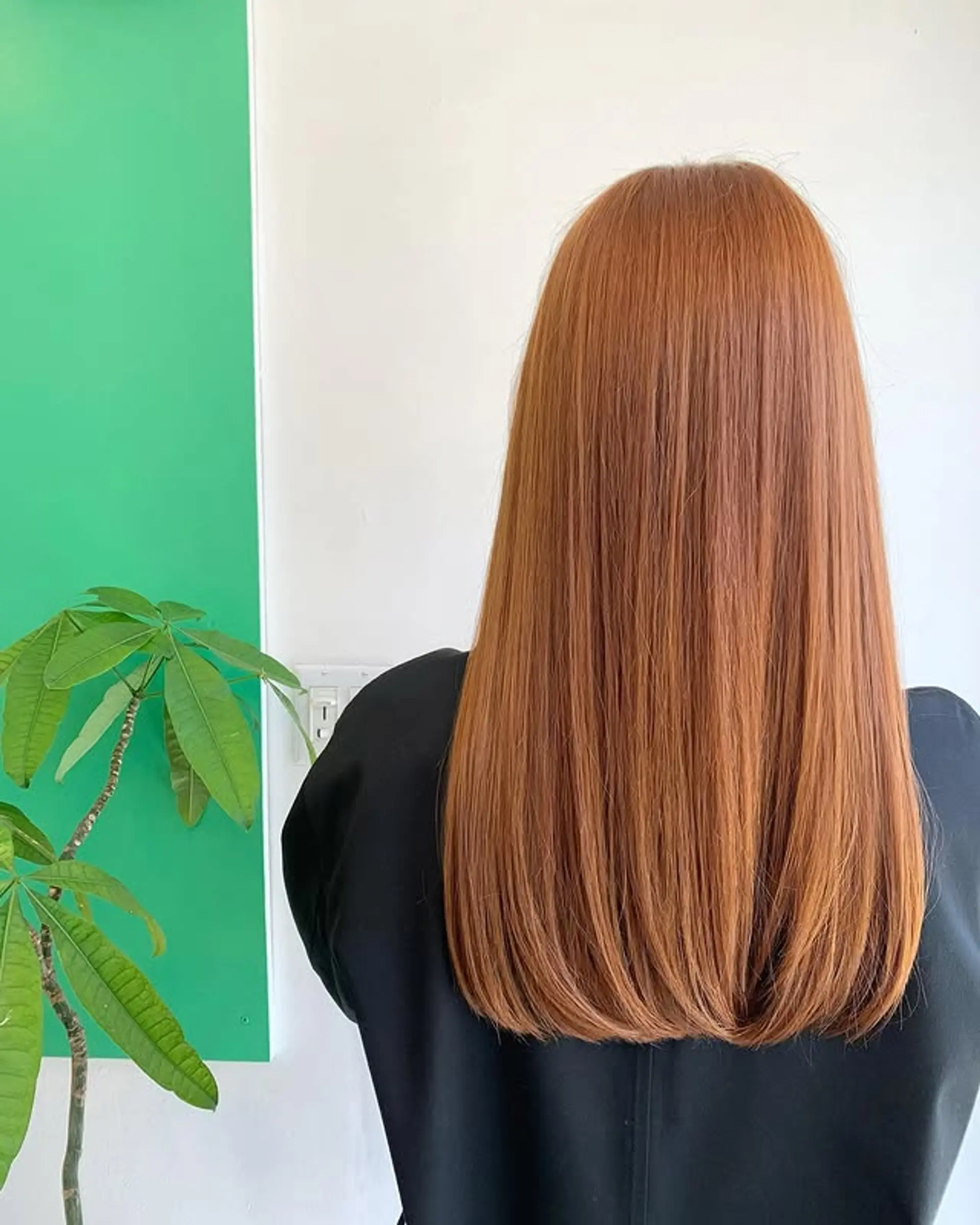 A sleek and straight hairstyle with a vibrant copper color. 1