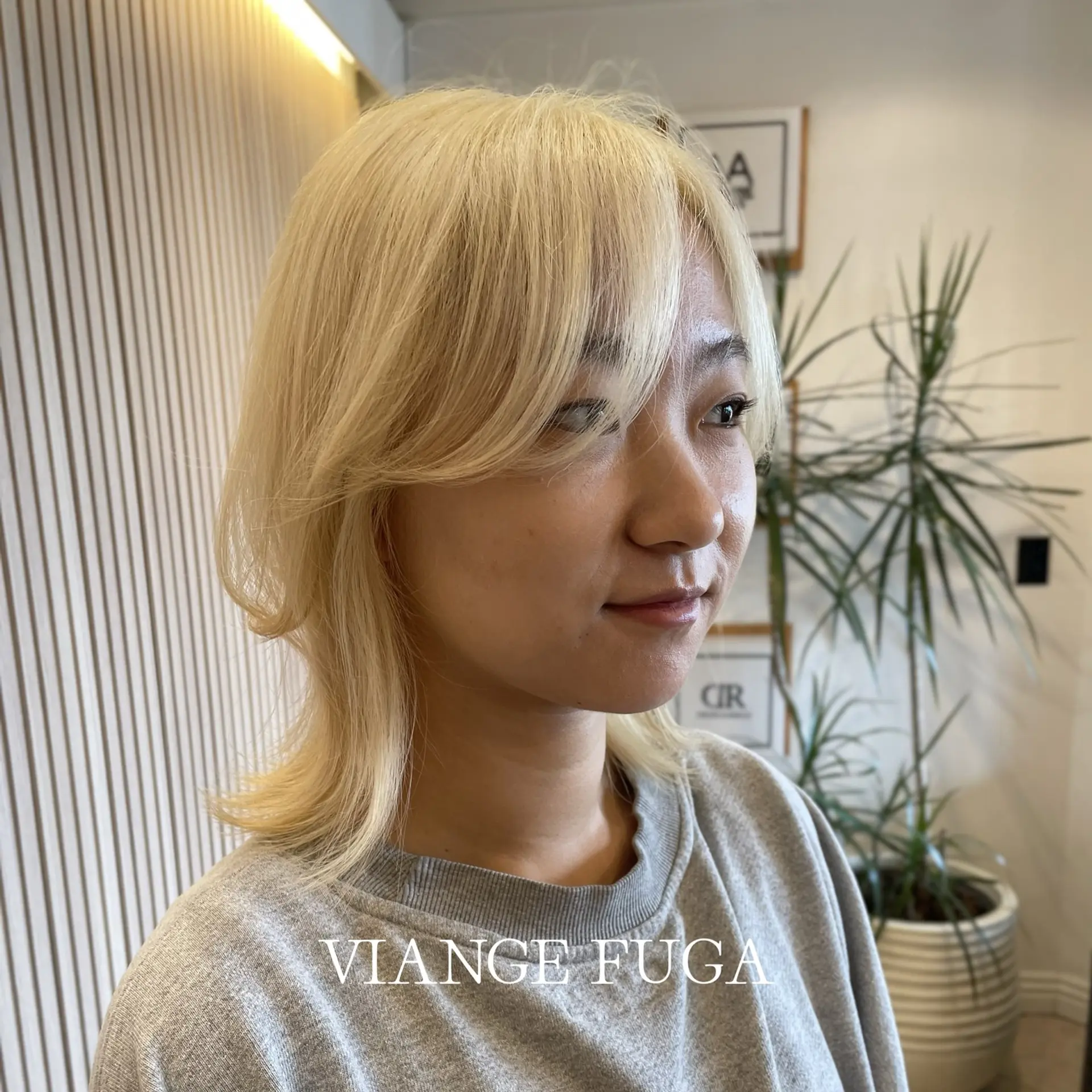 A shoulder-length layered shag in a luminous blonde tone, styled with feathered curtain bangs and flicked ends. 1