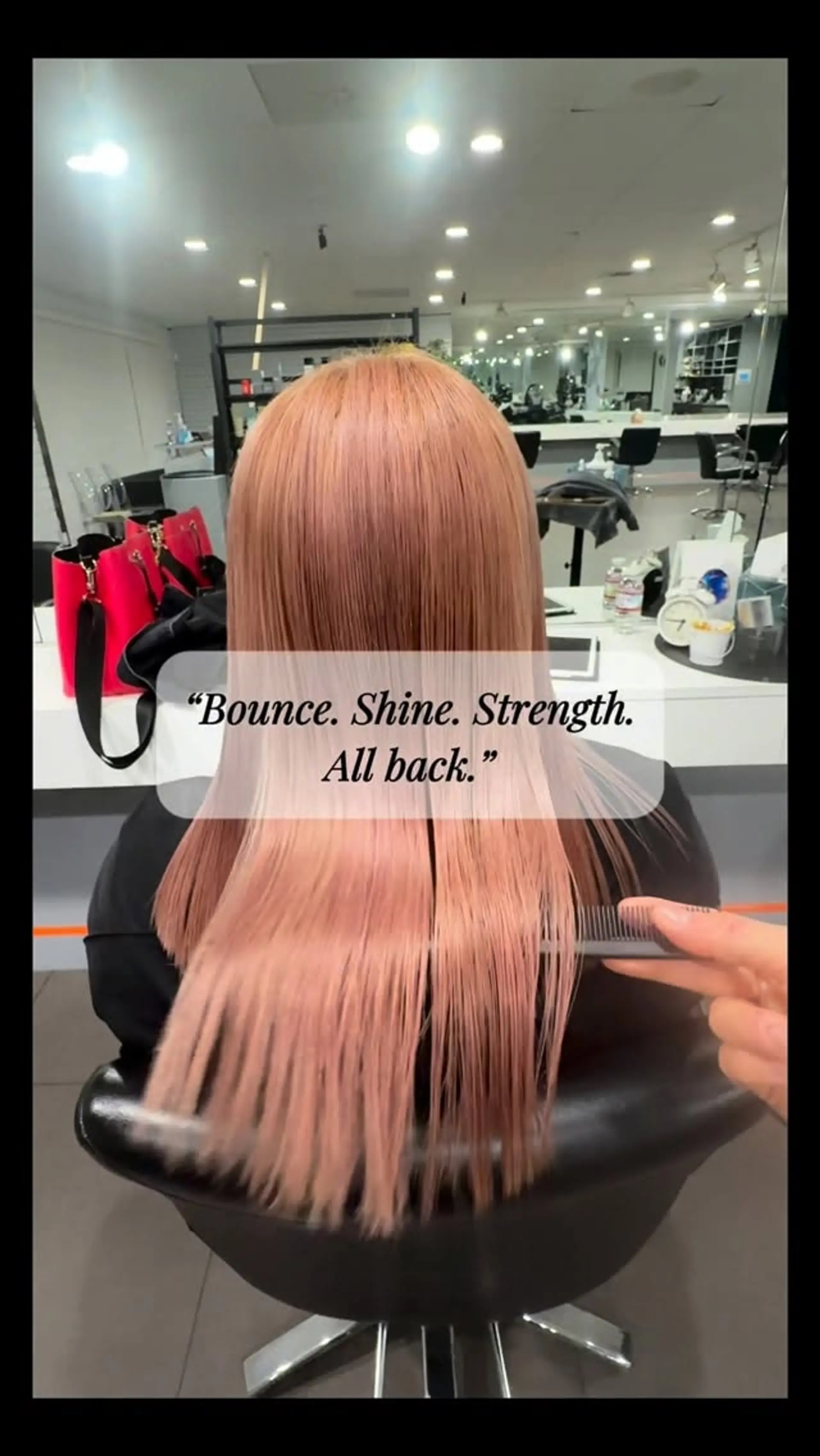 Straight pastel peach-pink bleached hair combed smoothly to display shine and texture after a restorative salon treatment. 1