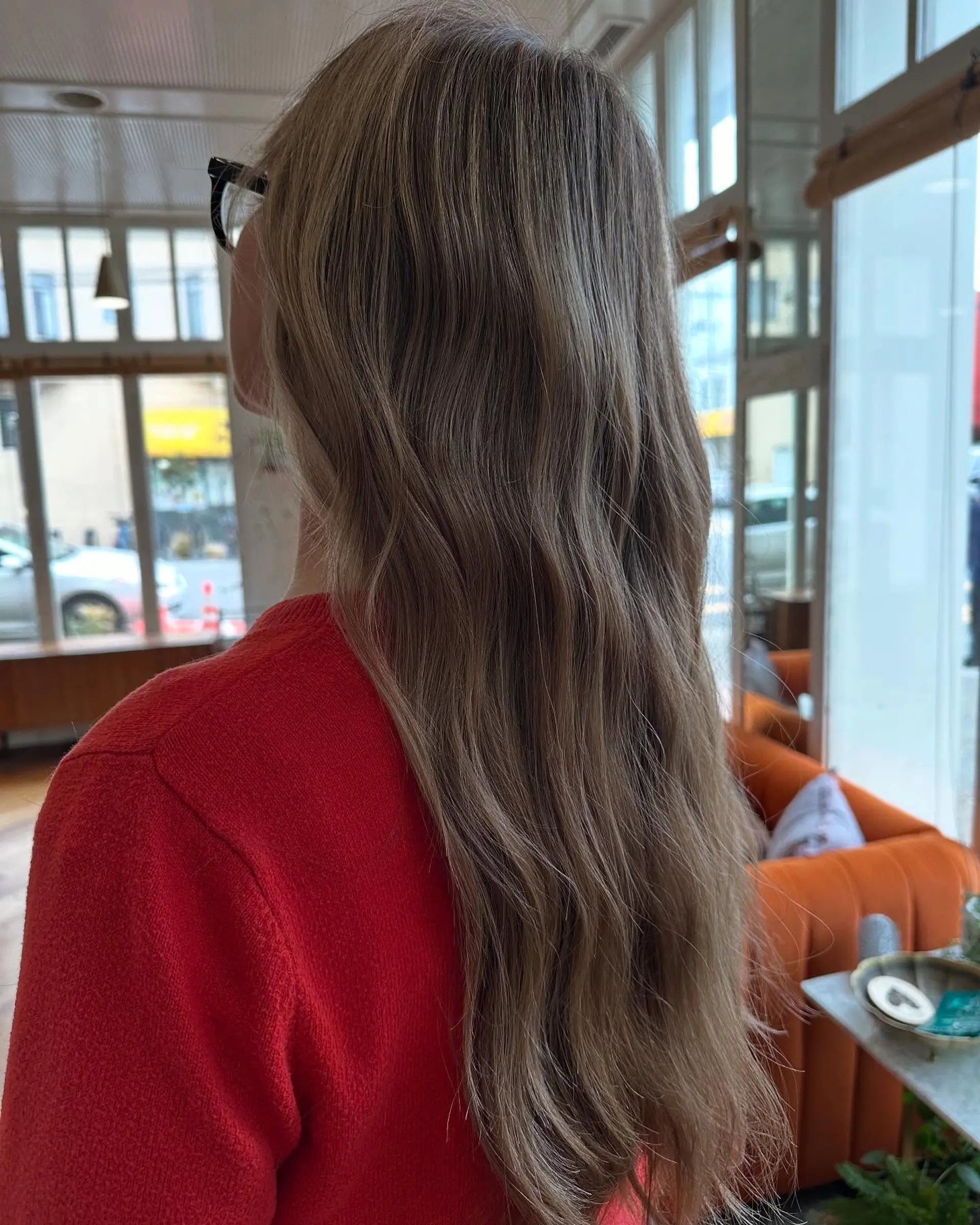 Long ash blonde hair with soft, subtle waves. 1