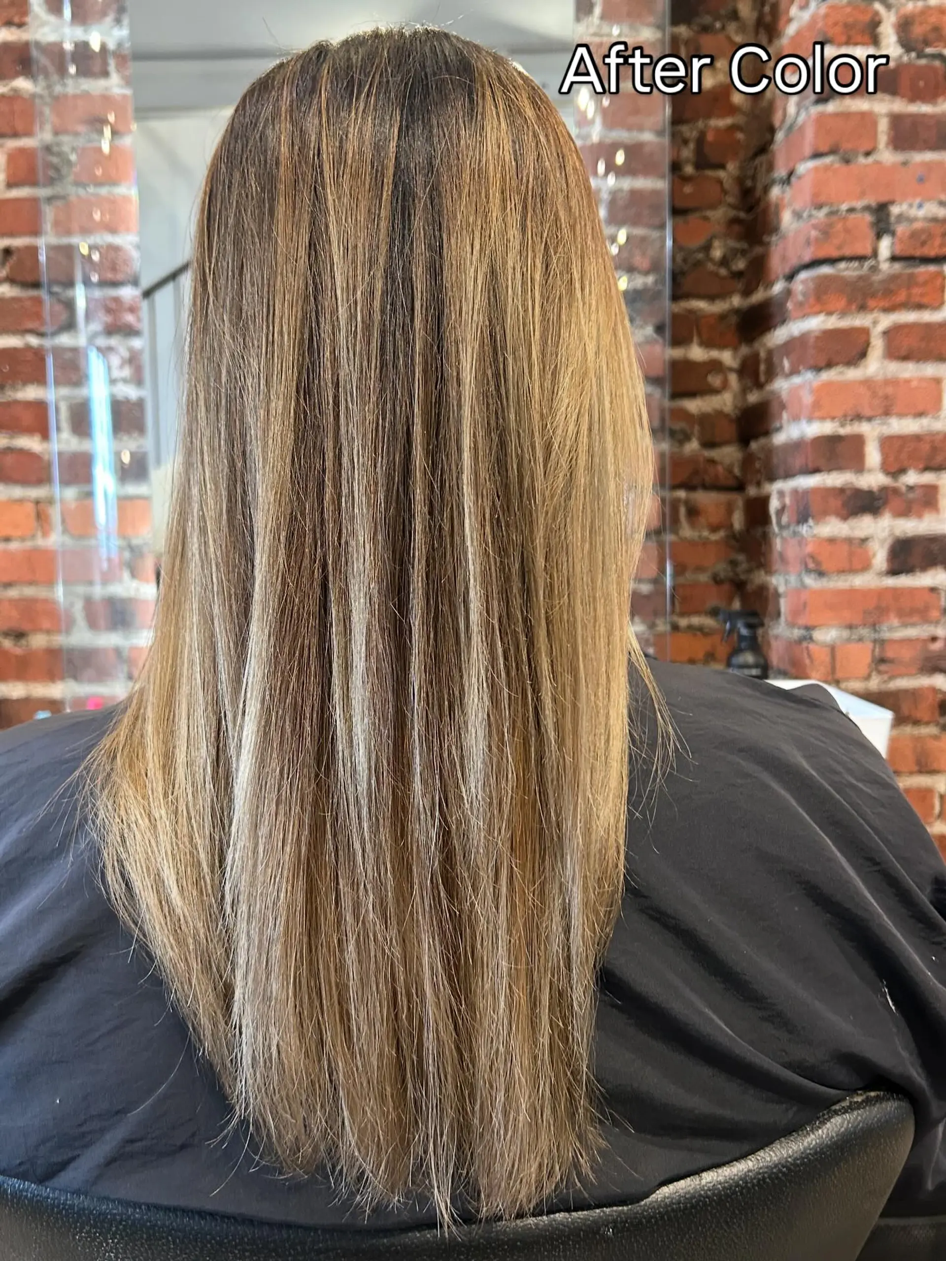 Long straight hair styled with seamless honey and golden blonde highlights over a light brown base. 1