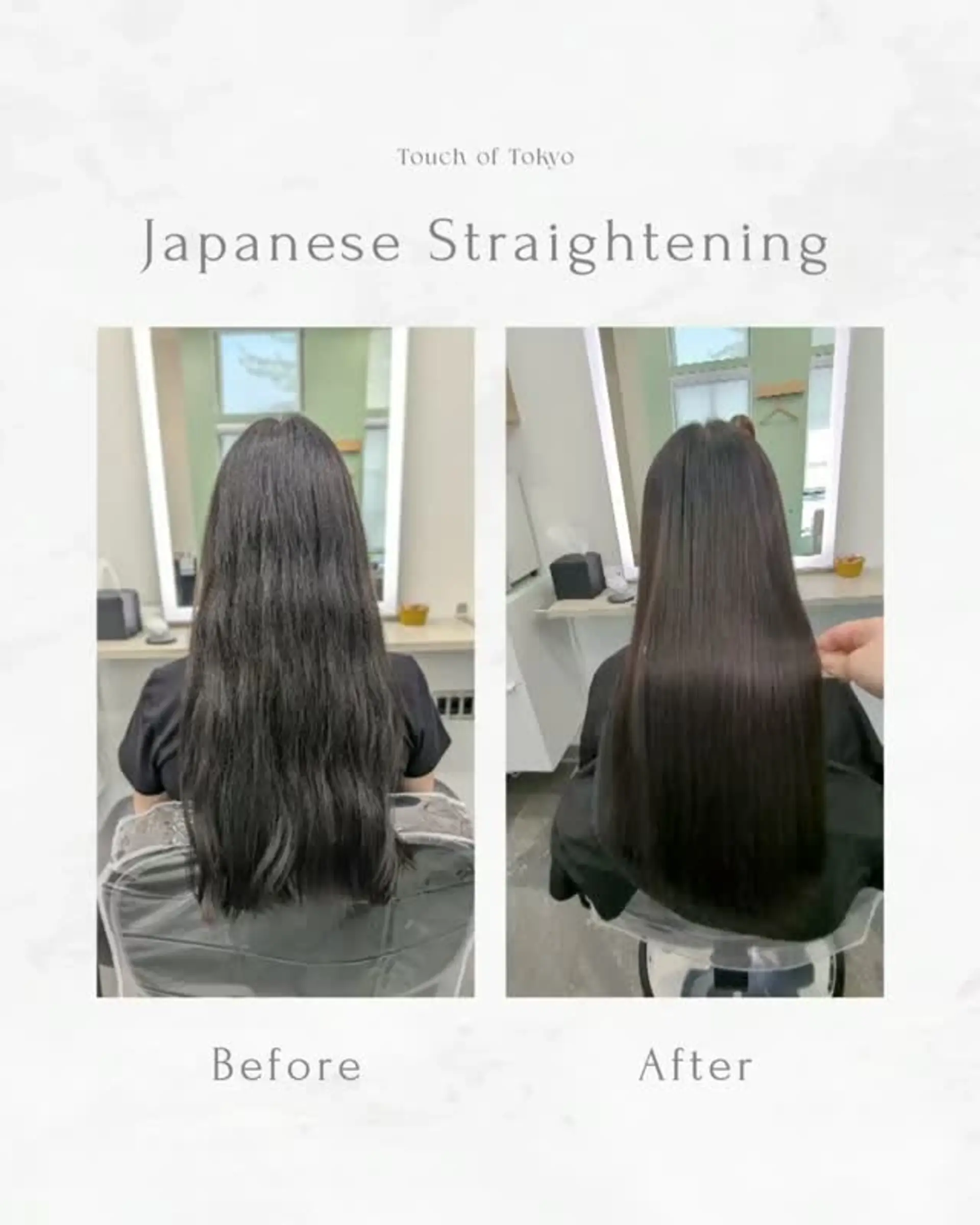 Ultra-sleek, glossy pin-straight dark hair following a Japanese straightening treatment. 1