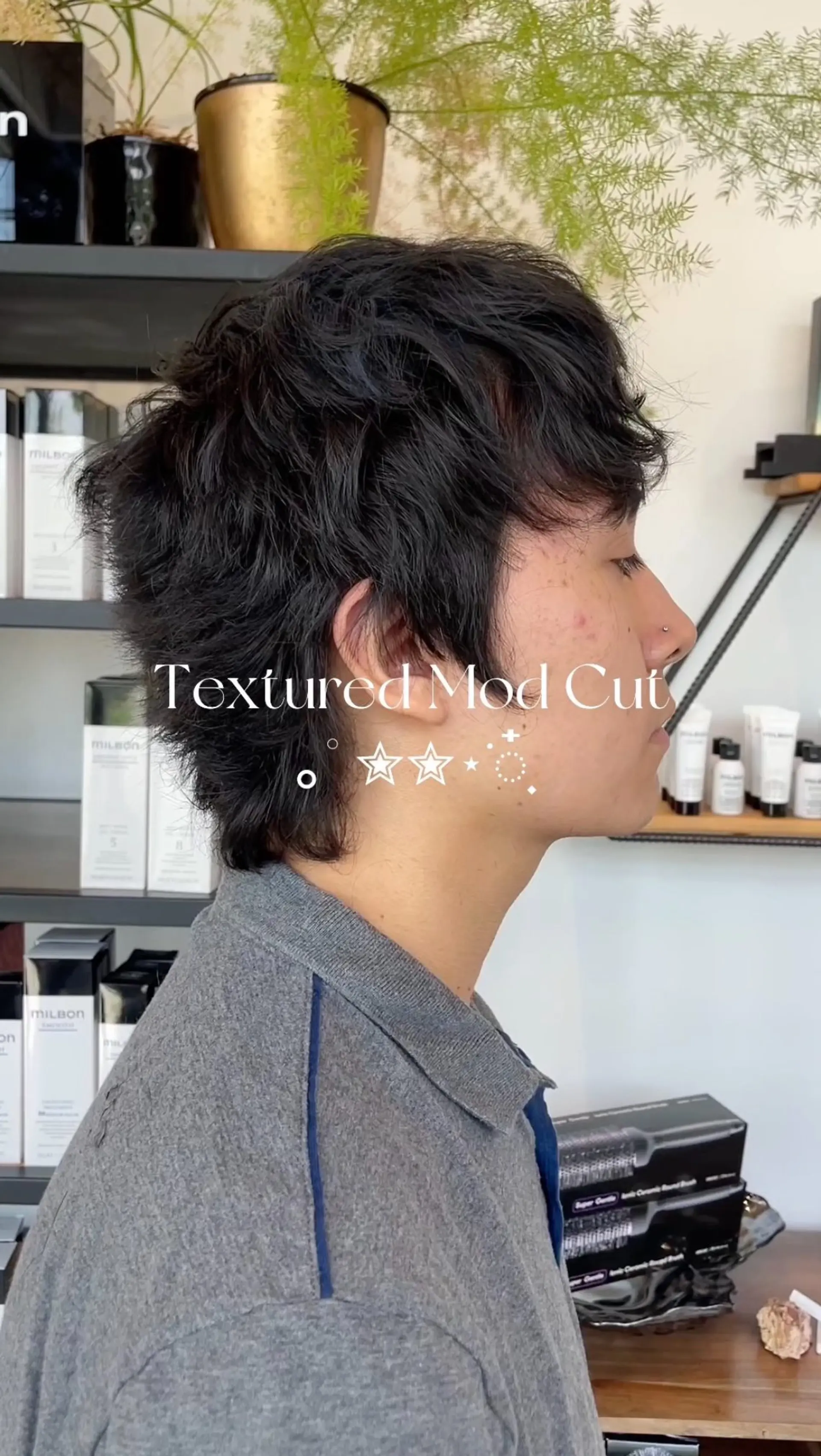 A textured mod haircut featuring piecey, choppy layers, volume on top, and coverage around the ears and nape. 1