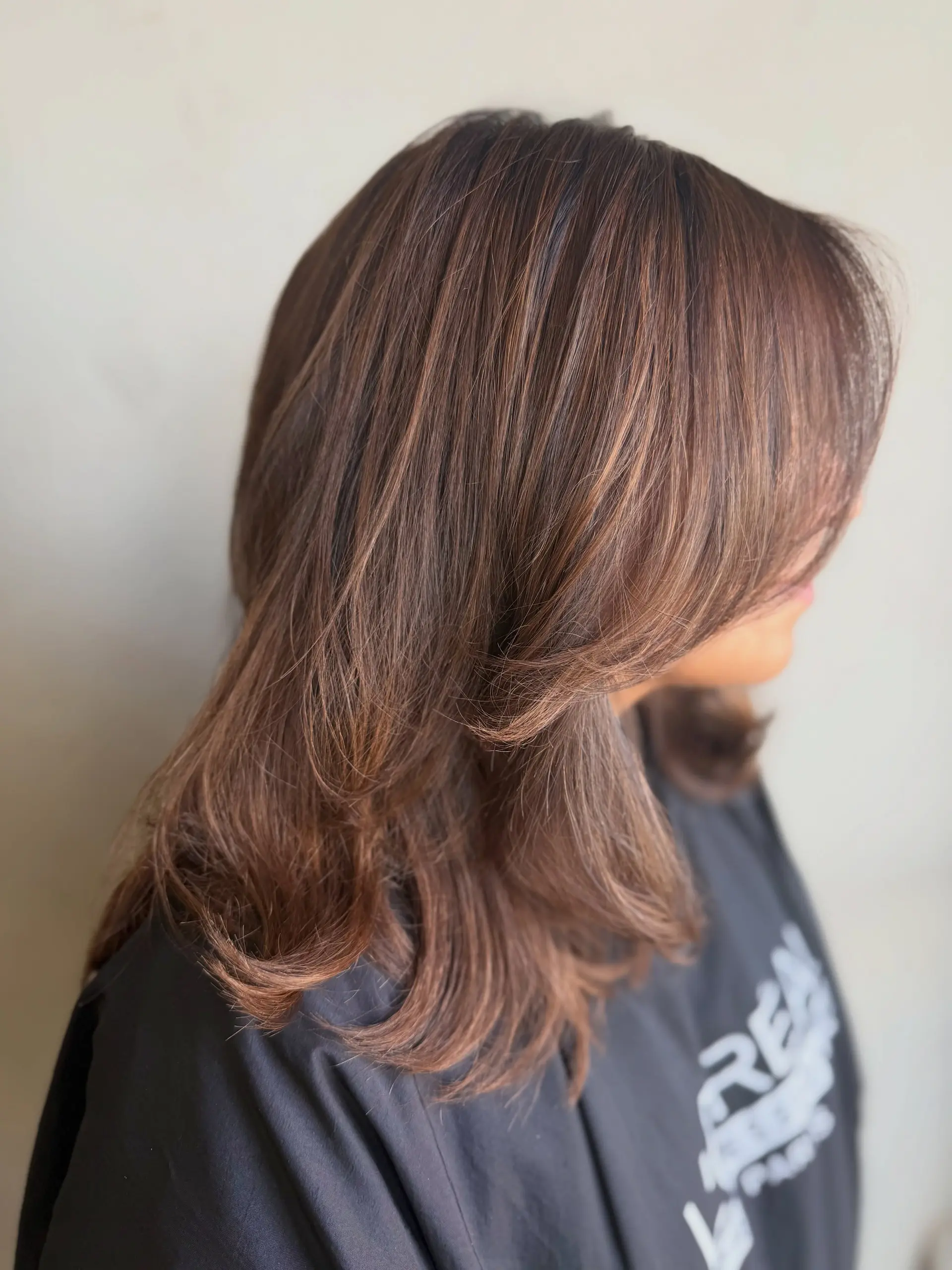 Medium-length rich brunette hair with soft dimensional highlights, face-framing layers, and flipped ends. 1