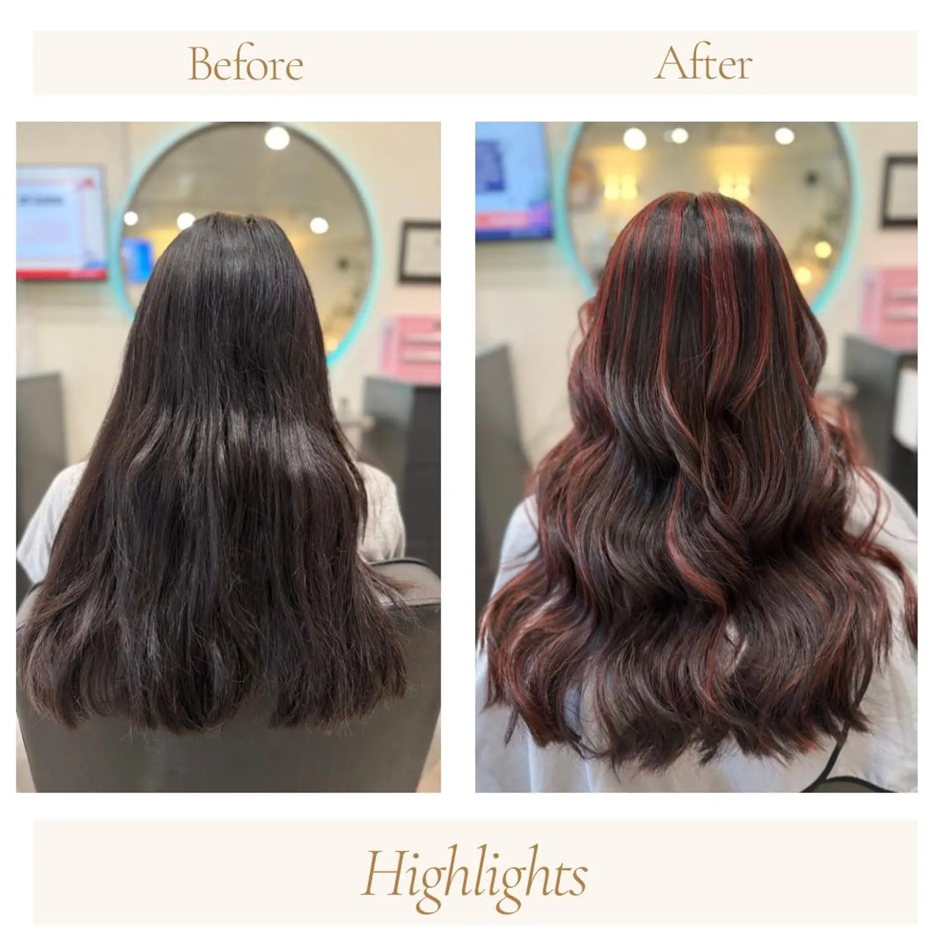 A dramatic before-and-after showcasing dark brown hair enhanced with rich, dimensional auburn-red highlights and styled into soft waves. 1