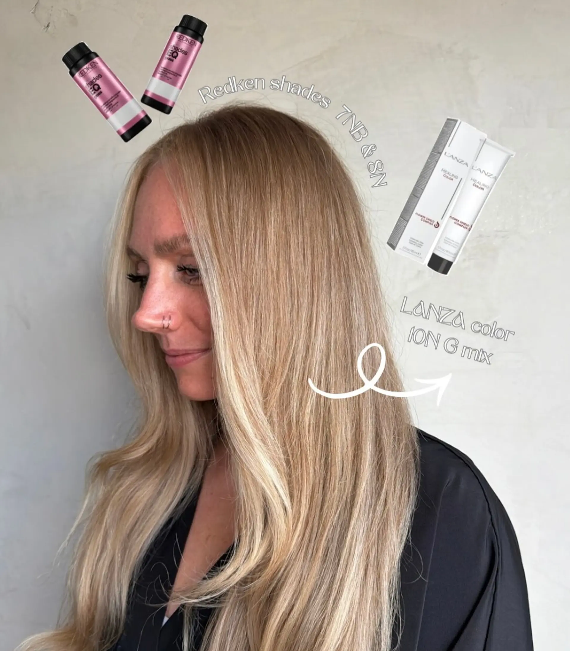 Long, smooth blonde hair featuring a seamless color melt from darker roots into bright, dimensional beige blonde with soft face-framing layers. 1