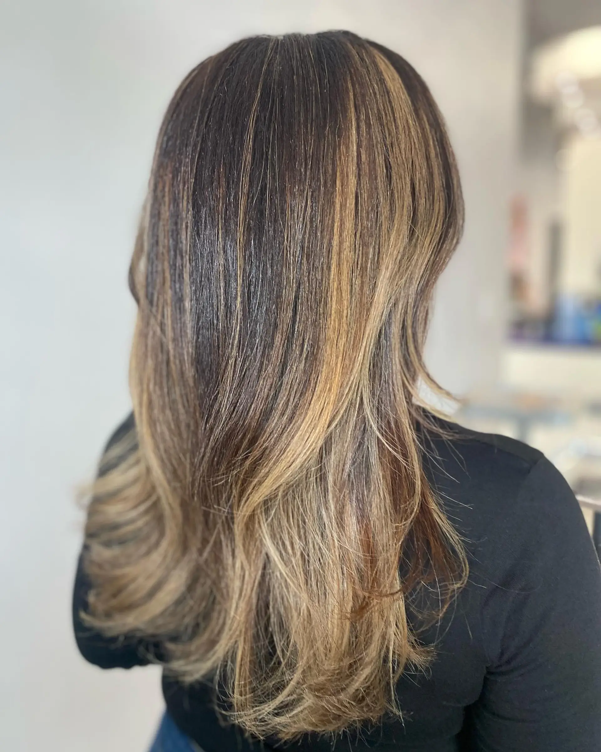 A long, layered hairstyle with face-framing highlights for added dimension. 2