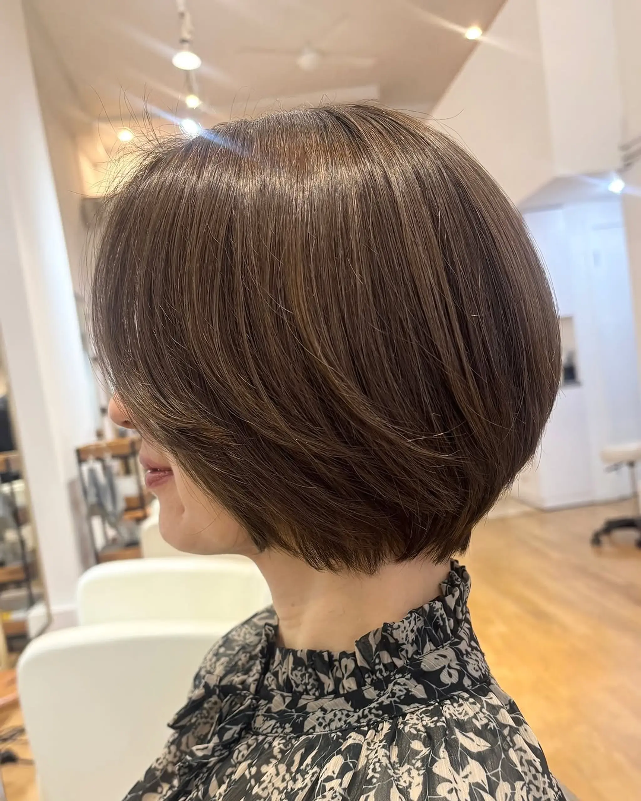 A classic stacked bob haircut with subtle layering.