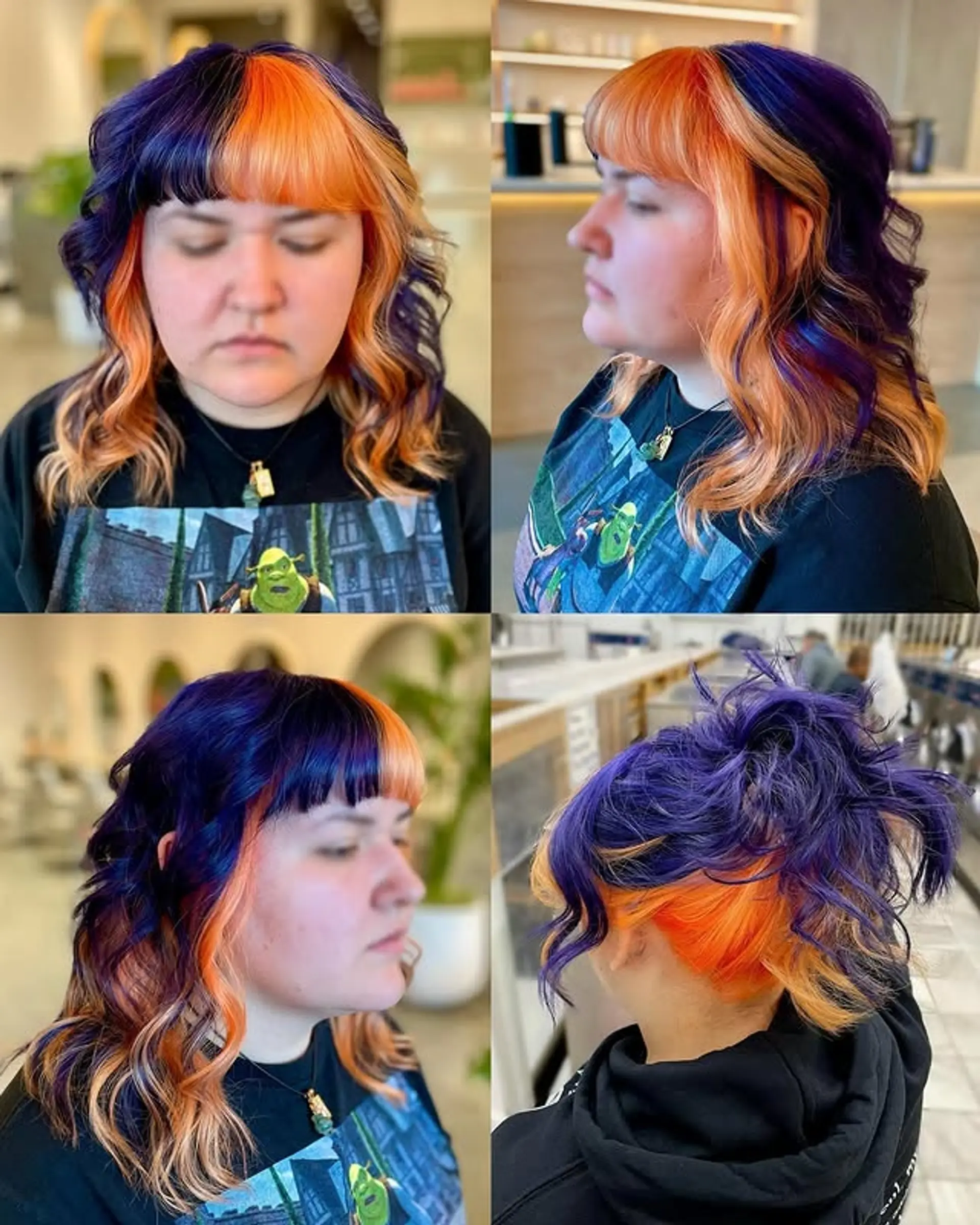 Medium length wavy hair with a bold split dye and blunt bangs. 1