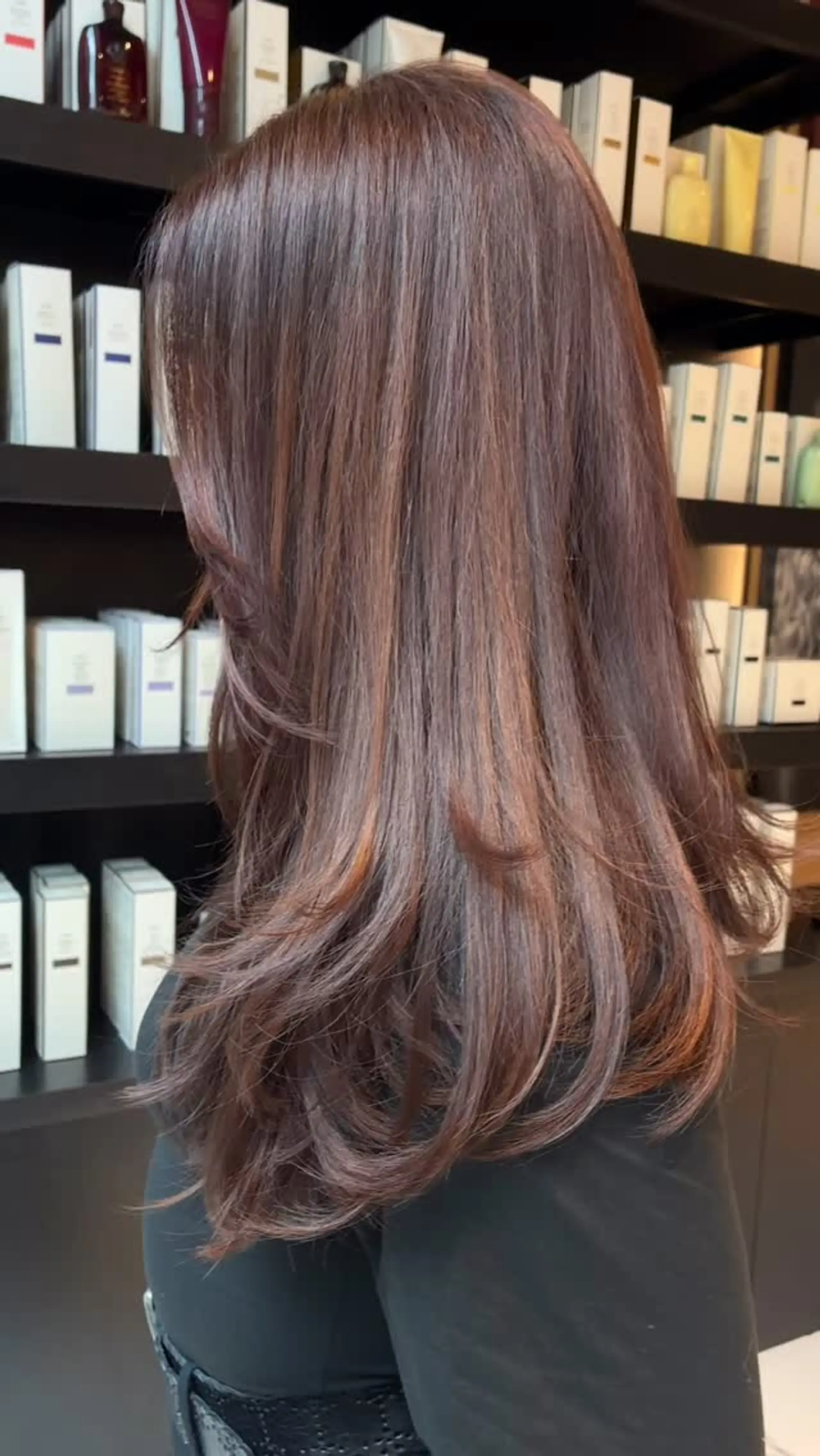 Long cinnamon brown hair cut with soft, face-framing layers and styled into a voluminous blowout with flipped ends. 1