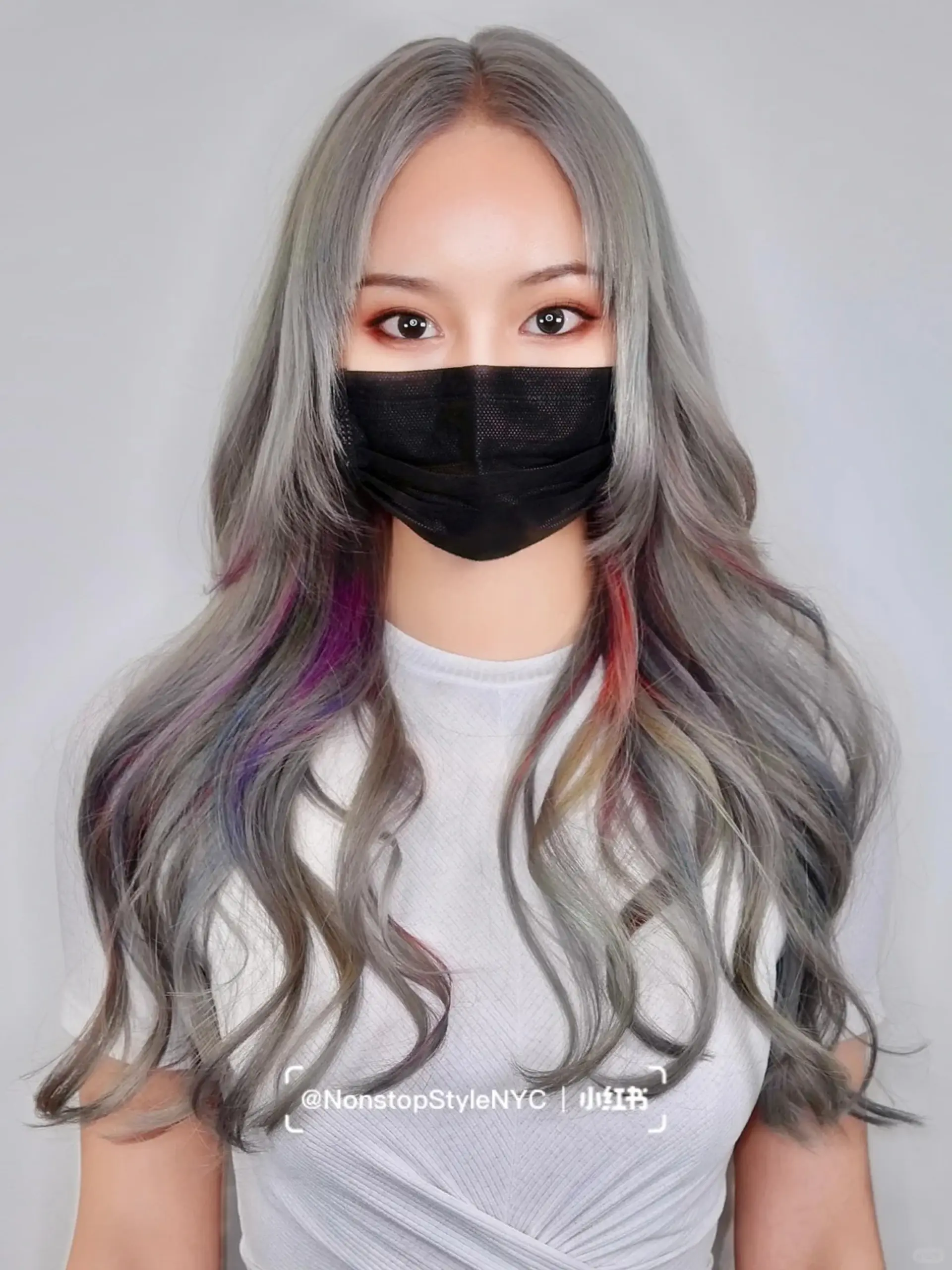 Very long, wavy hair in a silver base color with vibrant streaks of pink, blue, green, and purple, creating an iridescent, holographic effect.

(NonstopStyle: by Kelvin) 2