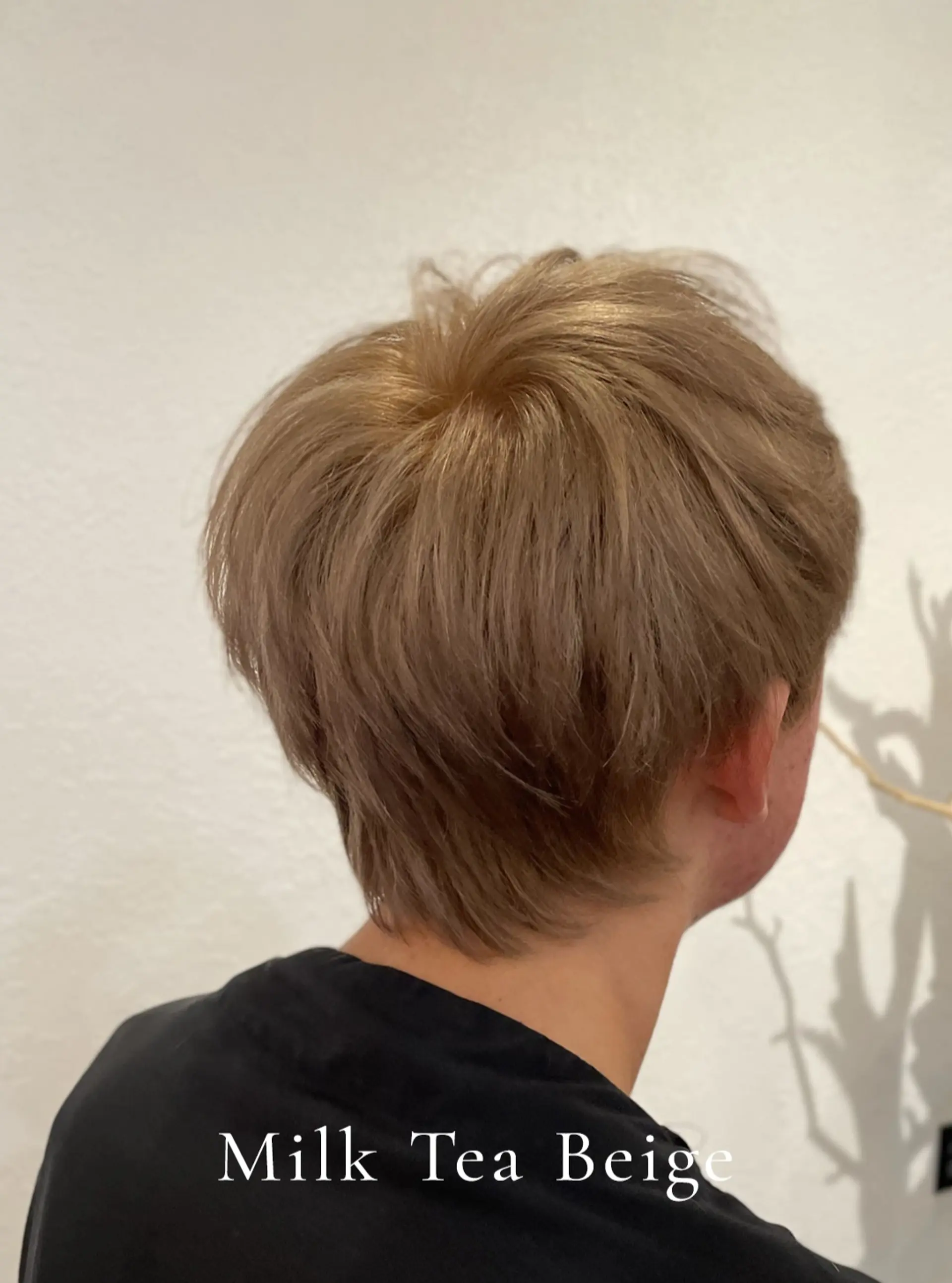 A textured short mushroom cut finished in a soft, creamy milk tea beige tone. 1