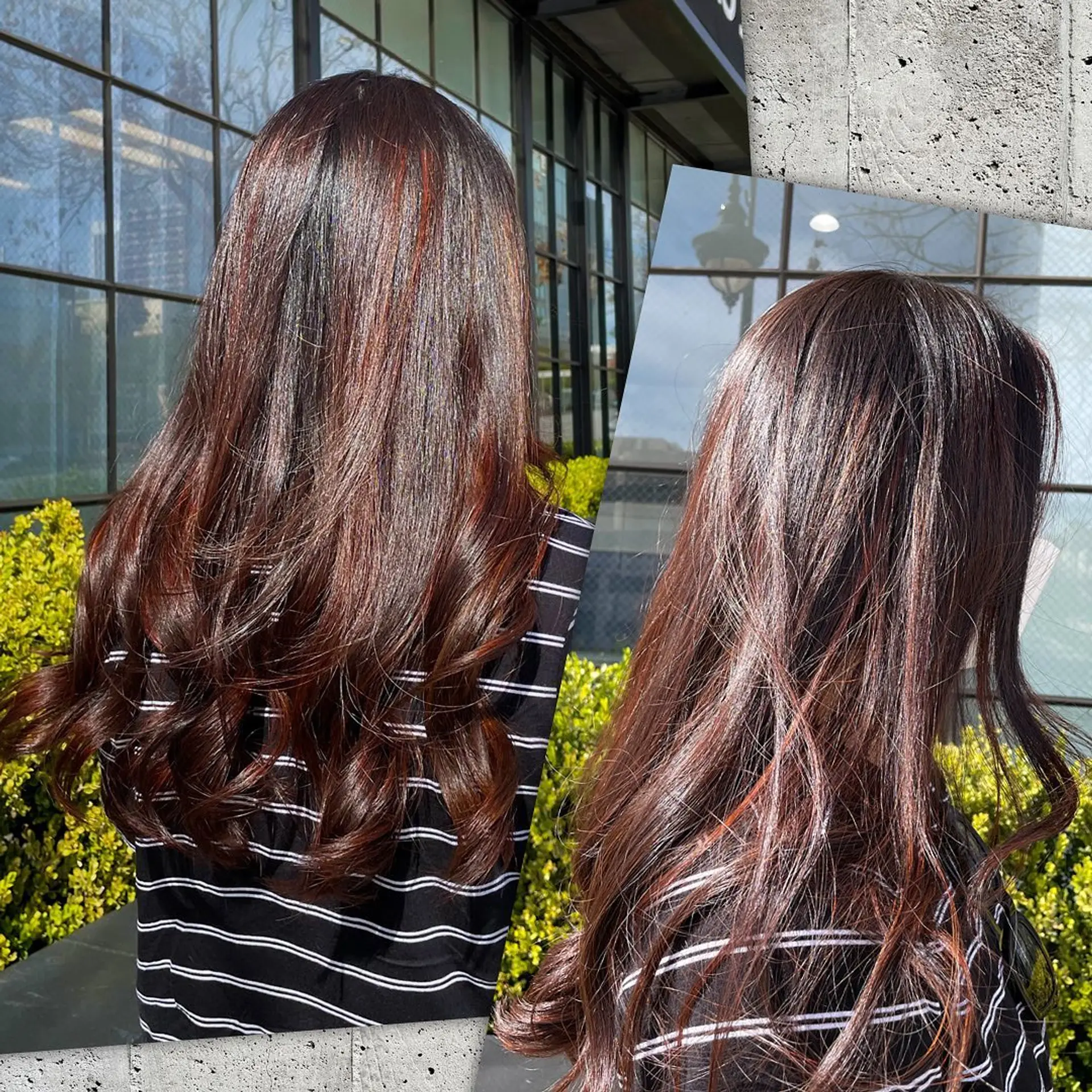 Long dark brown hair featuring fine reddish-auburn balayage highlights styled with soft, voluminous curls at the ends. 1