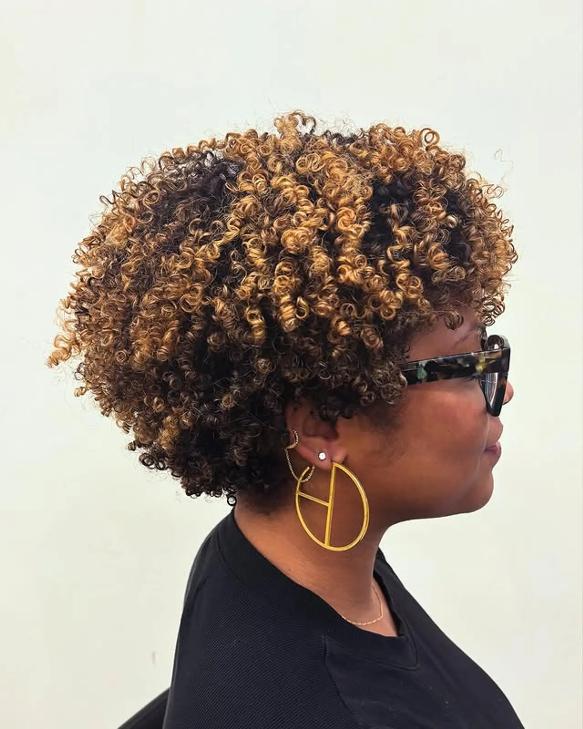 A short and stylish curly afro with blonde highlights to add dimension. 1