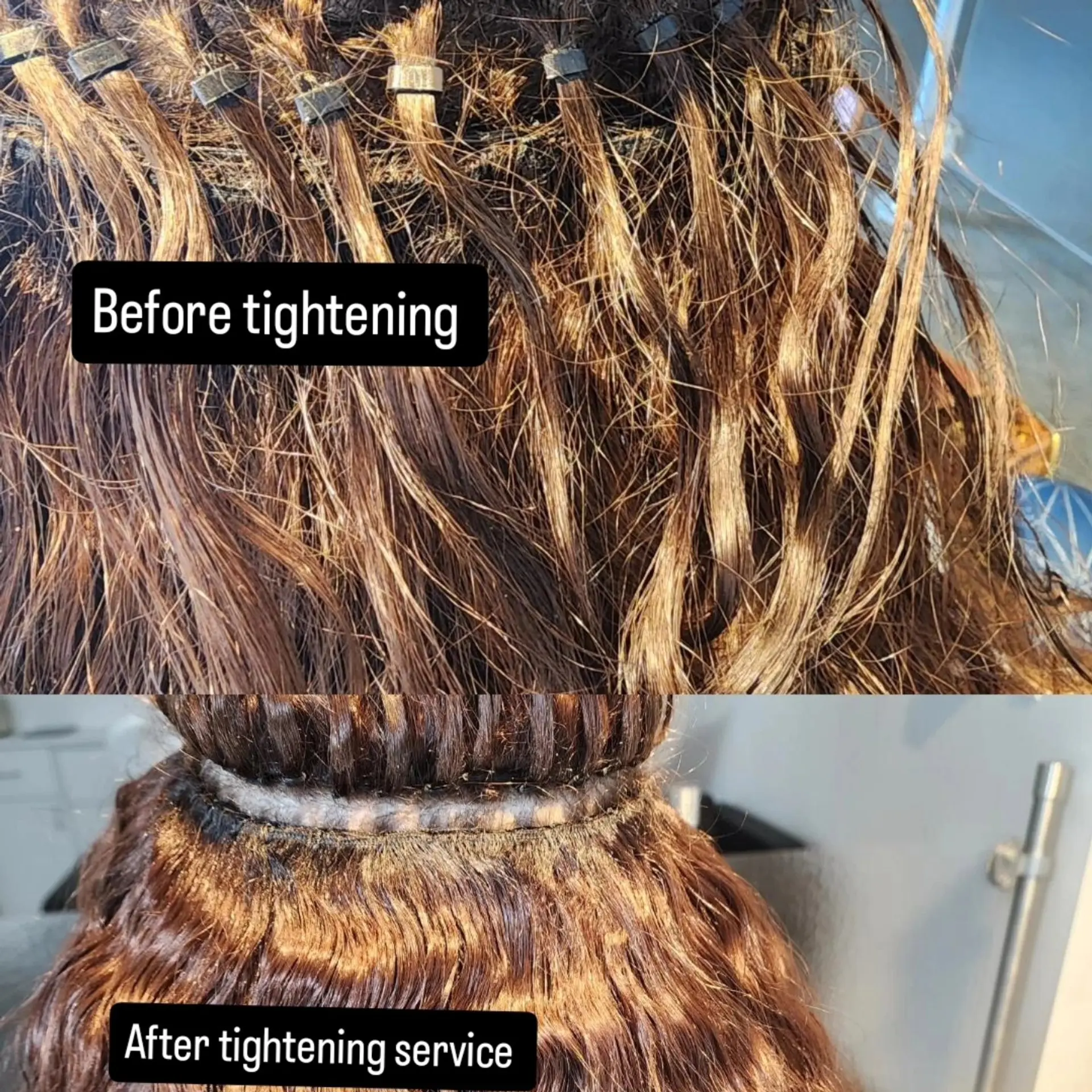 Before-and-after comparison showing grown-out beaded weft hair extensions tightened flush against the scalp. 1