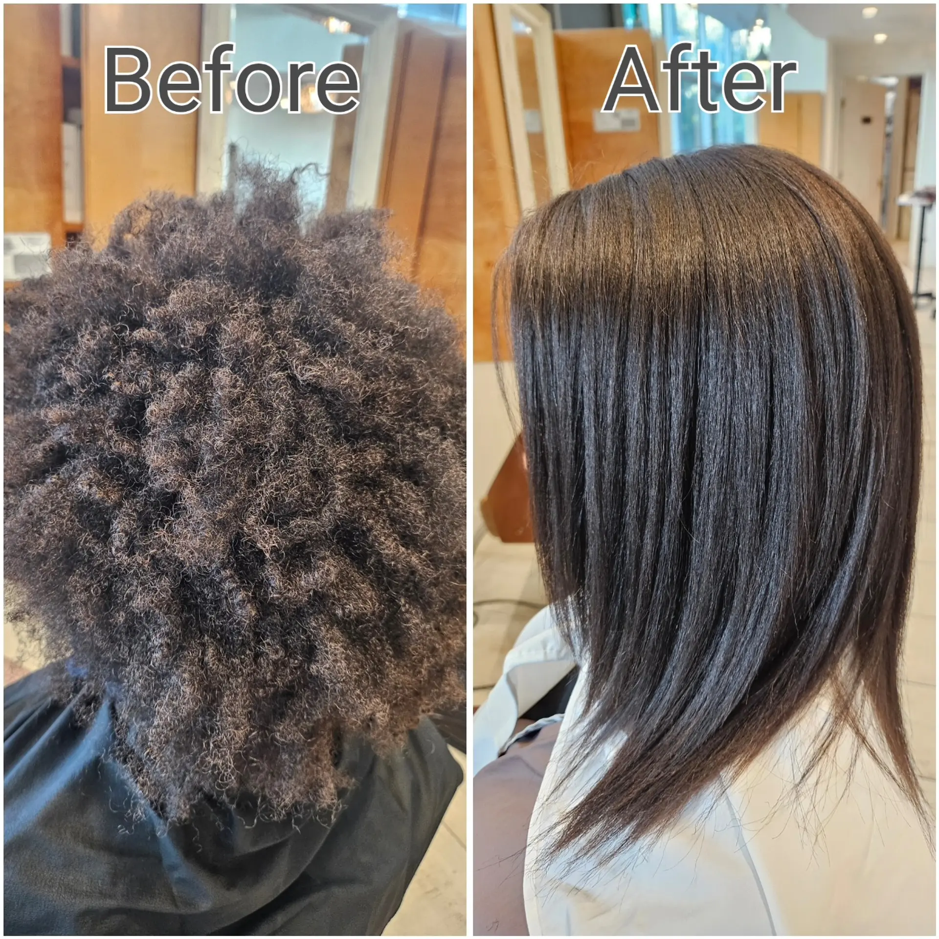 Sleek, glossy medium-length hair chemically straightened from tightly coiled hair to an ultra-smooth finish. 1
