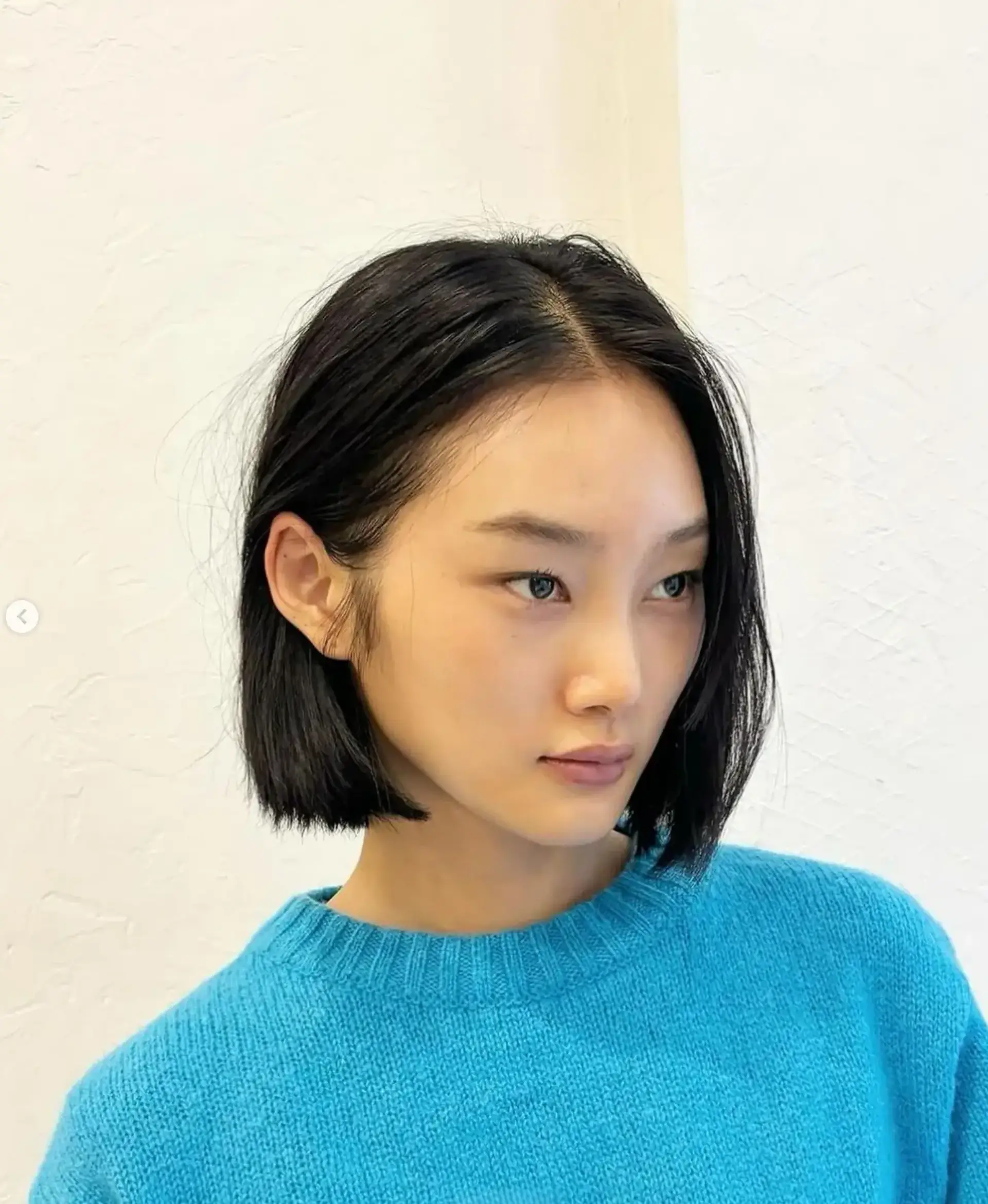 A sleek, short, angled bob cut on straight, black hair, neatly parted with clean-cut ends for a polished and sophisticated look. 1