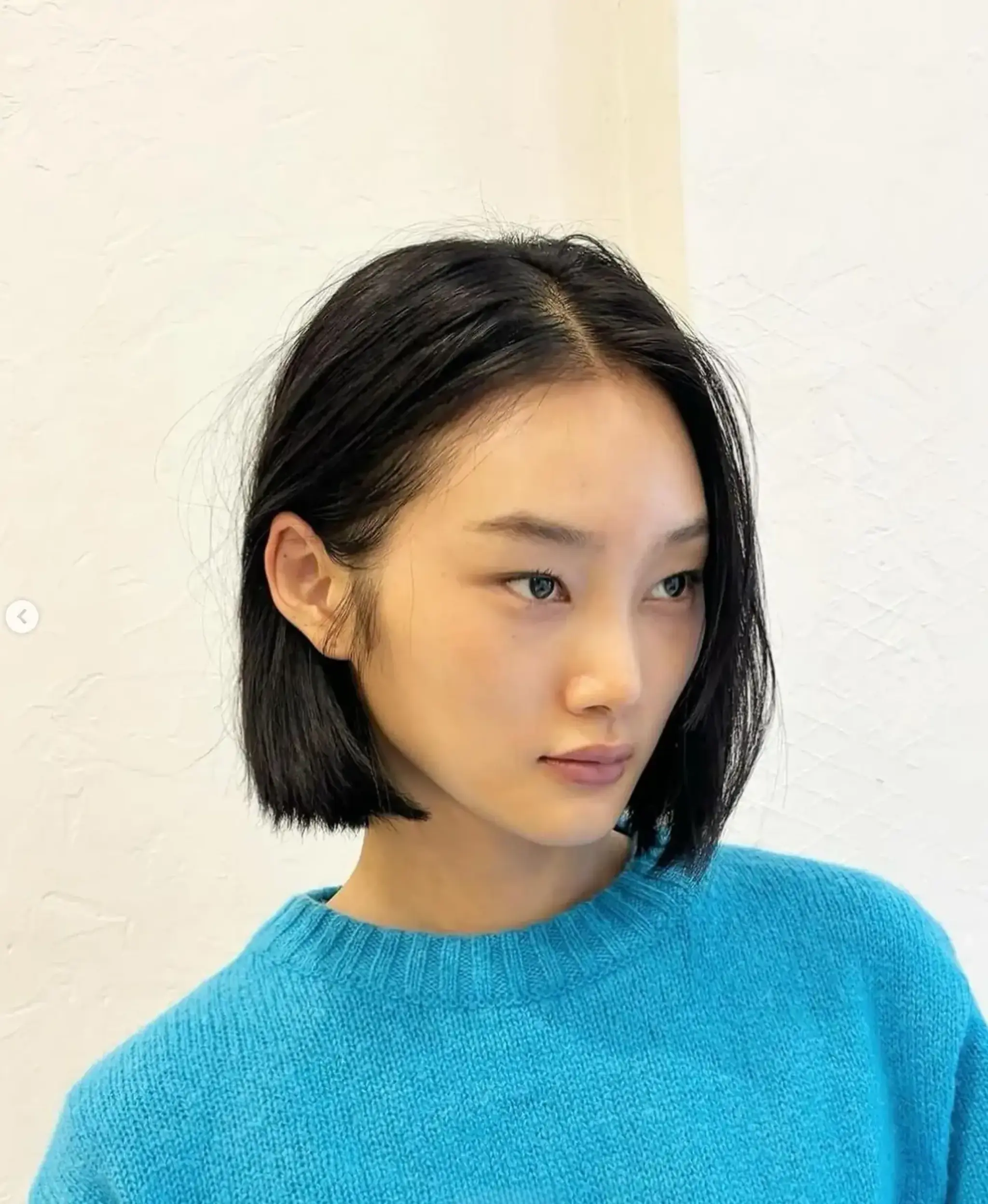 A sleek, short, angled bob cut on straight, black hair, neatly parted with clean-cut ends for a polished and sophisticated look.