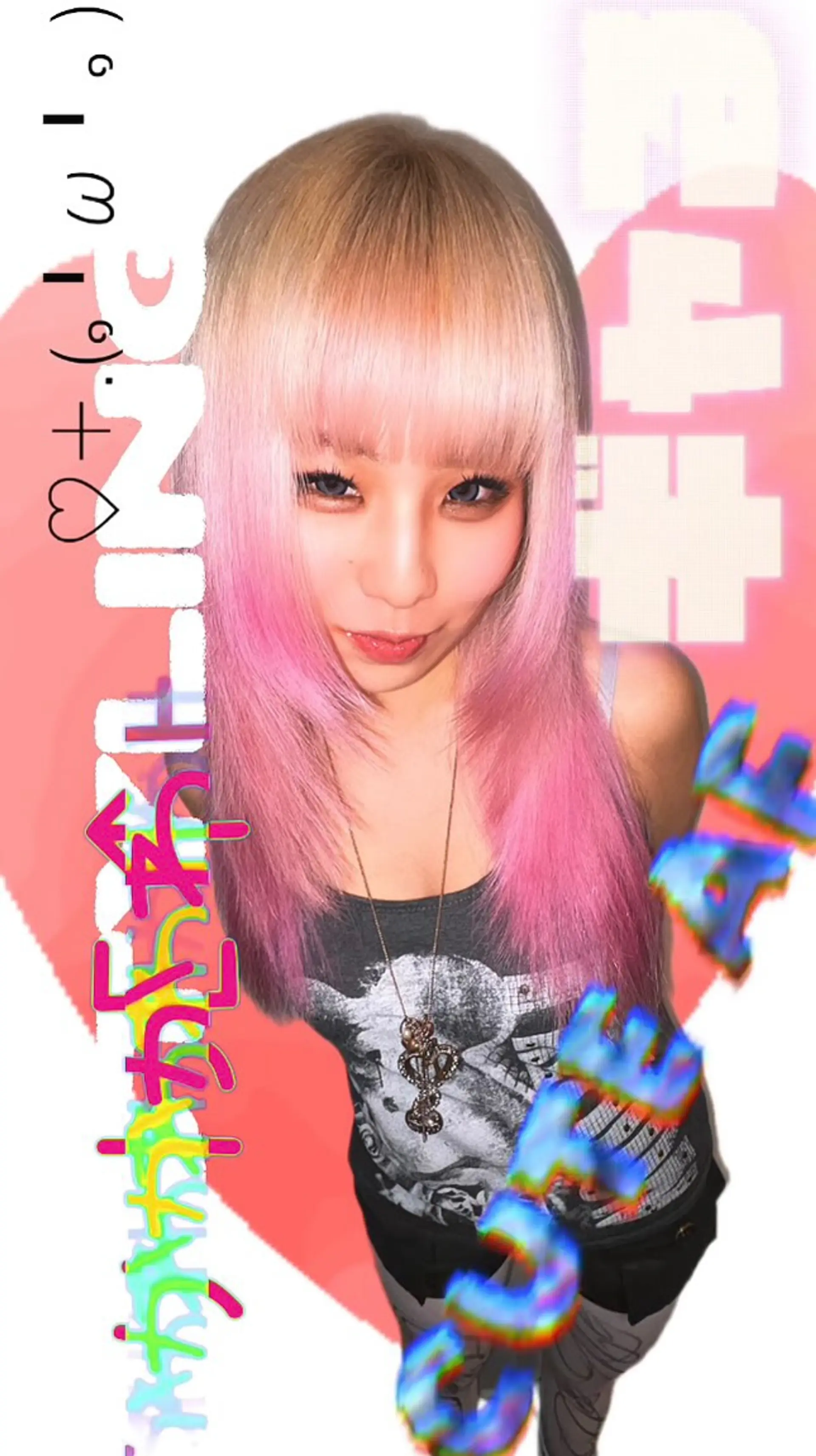 Medium-length straight layered hair featuring full blunt bangs and a seamless blonde-to-pink gradient. 1