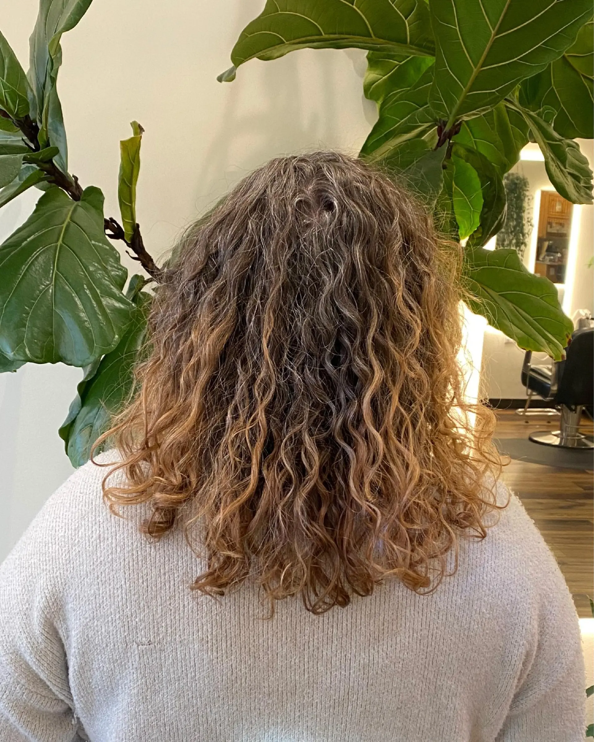 Shoulder-length naturally curly hair styled with soft, defined curls and layered volume. 1