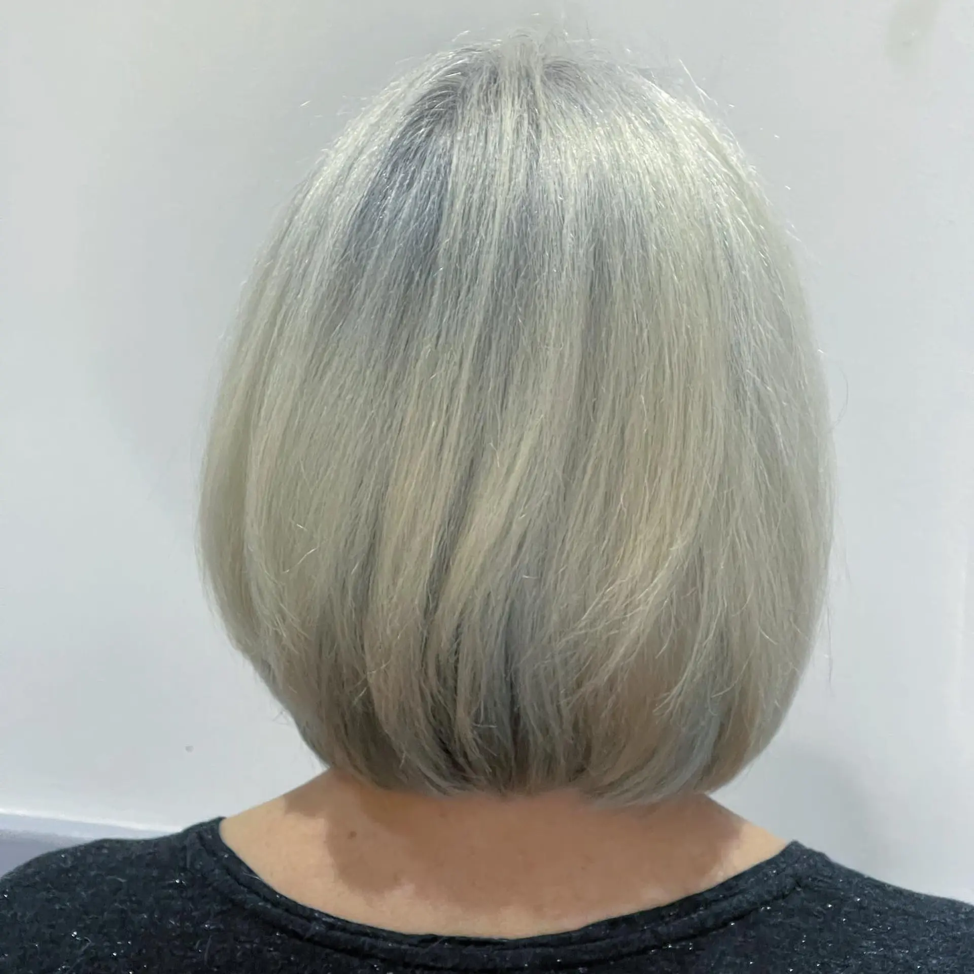 A sleek, rounded short bob cut featuring seamless silver and natural grey tones. 1