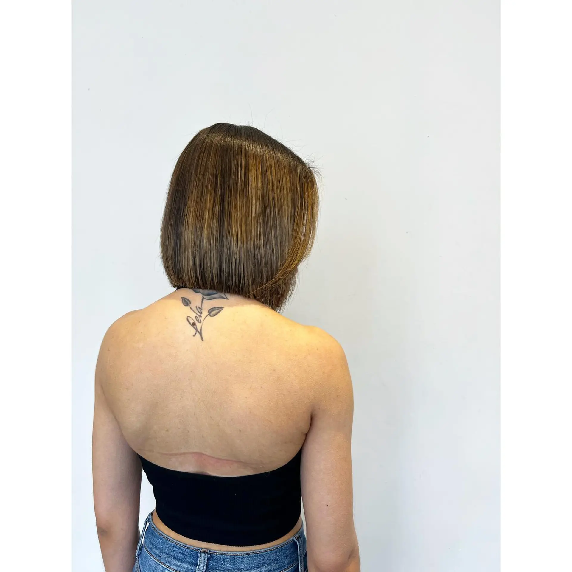 A sleek, straight blunt bob cut cleanly at the nape of the neck with subtle warm highlights. 1