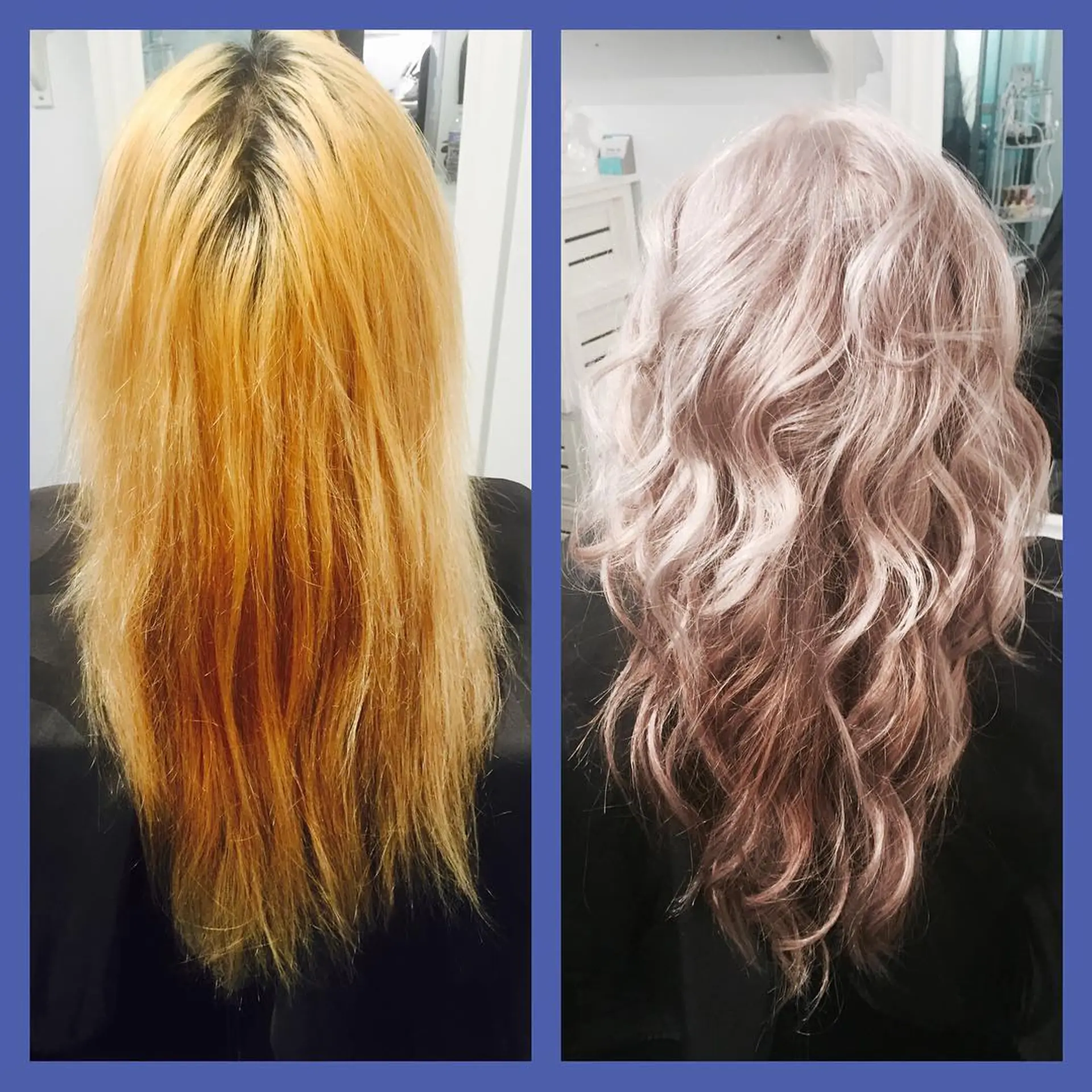 Long cool-toned ash blonde hair styled in soft, cascading waves following a corrective color service. 1