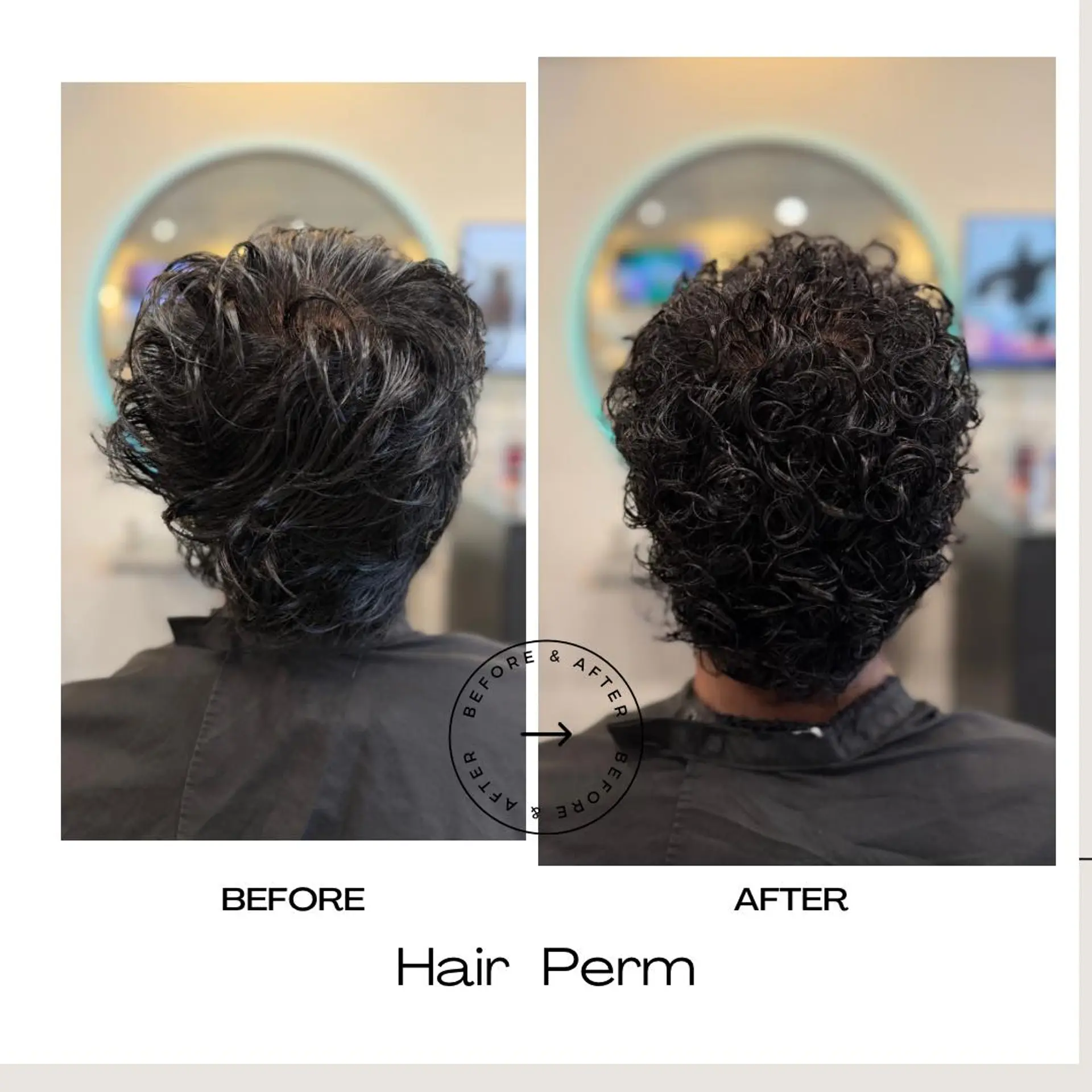 A men's perm transformation turning slightly wavy hair into defined, textured curls with volume. 1