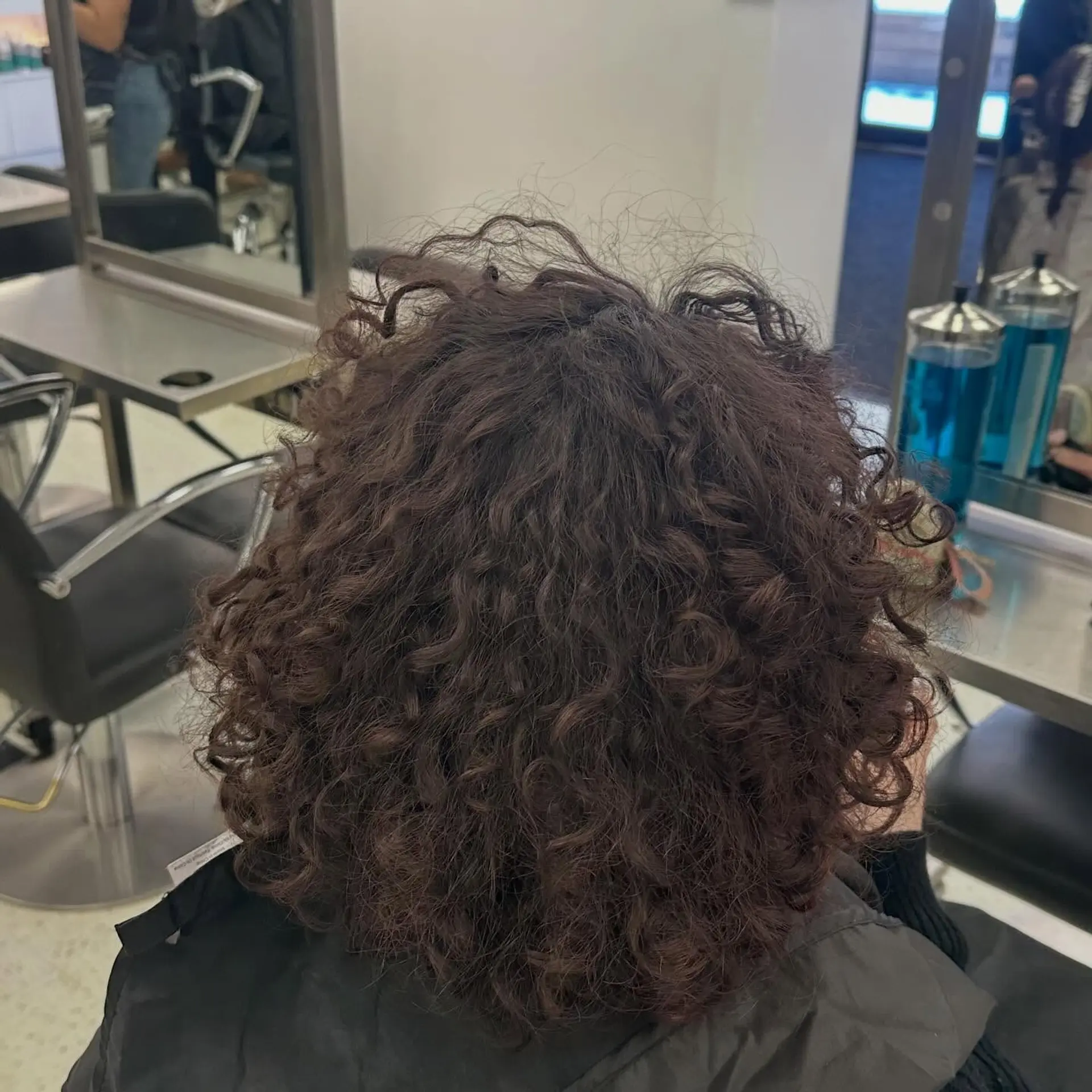A short, rounded curly haircut with textured volume, showcased from the back in a salon setting. 1